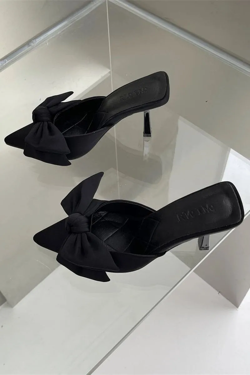 Black Pointed Toe Bow Tie Kitten Heels Mule