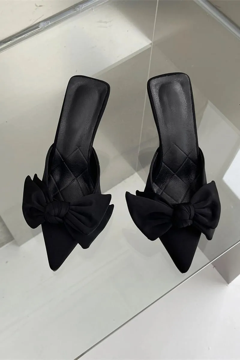 Black Pointed Toe Bow Tie Kitten Heels Mule