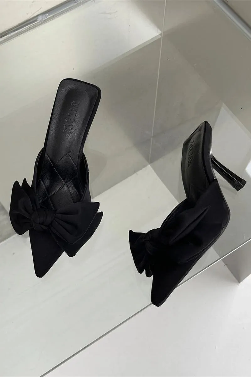 Black Pointed Toe Bow Tie Kitten Heels Mule