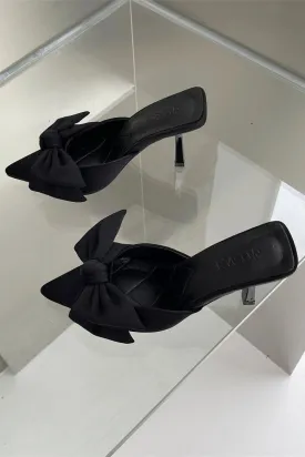 Black Pointed Toe Bow Tie Kitten Heels Mule