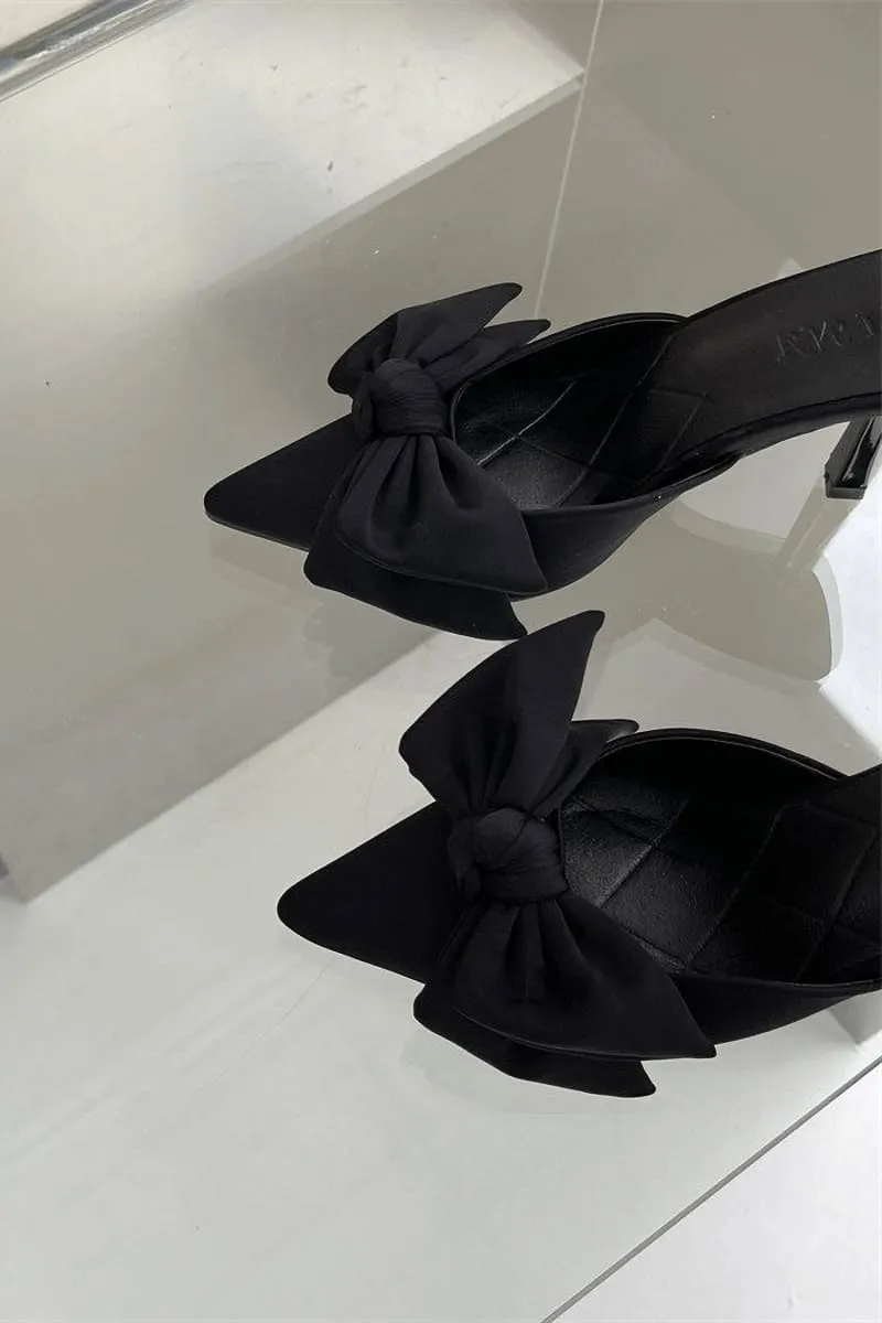 Black Pointed Toe Bow Tie Kitten Heels Mule