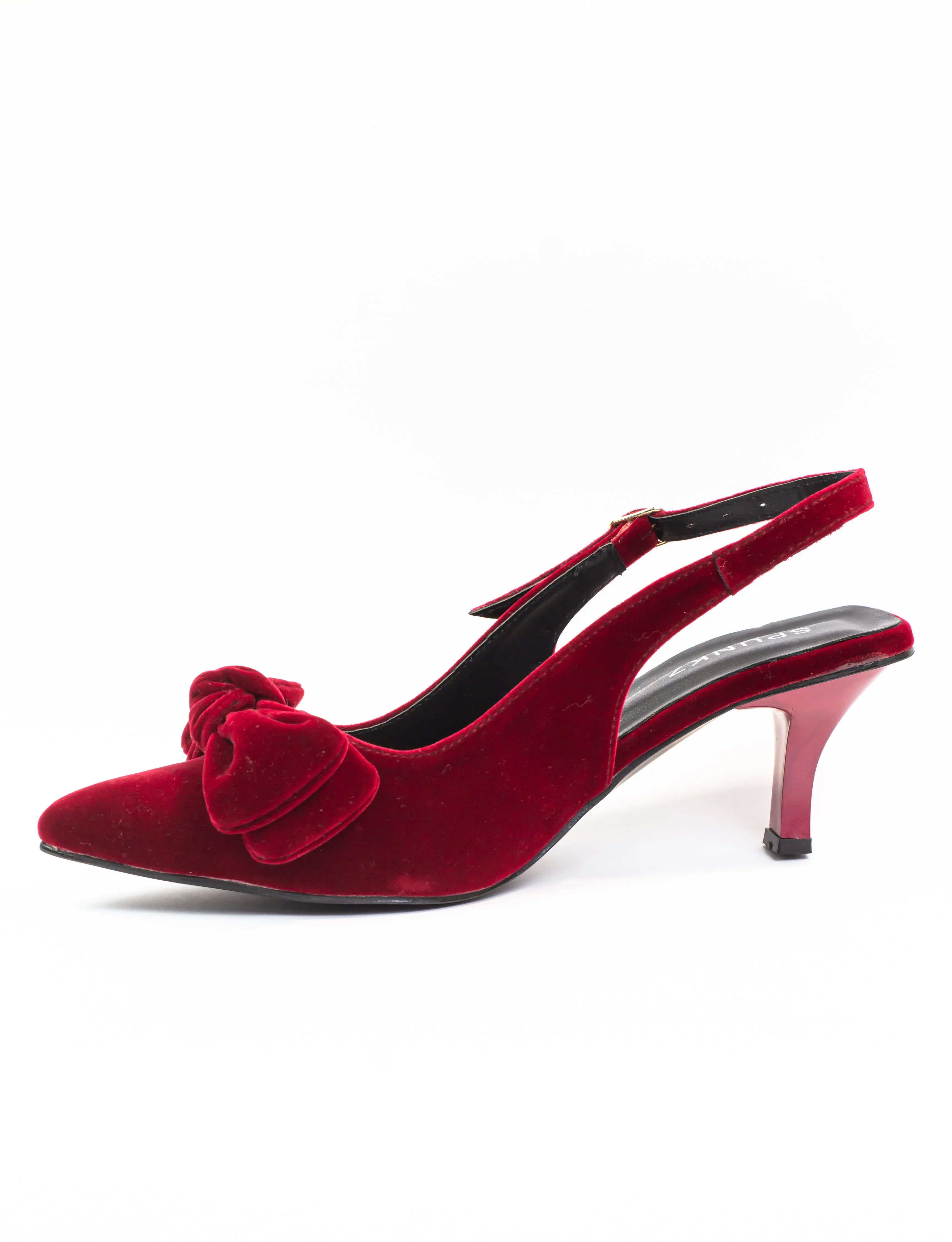 Burgundy Bow-Knot Pointed-Toe Buckled Kitten Heels