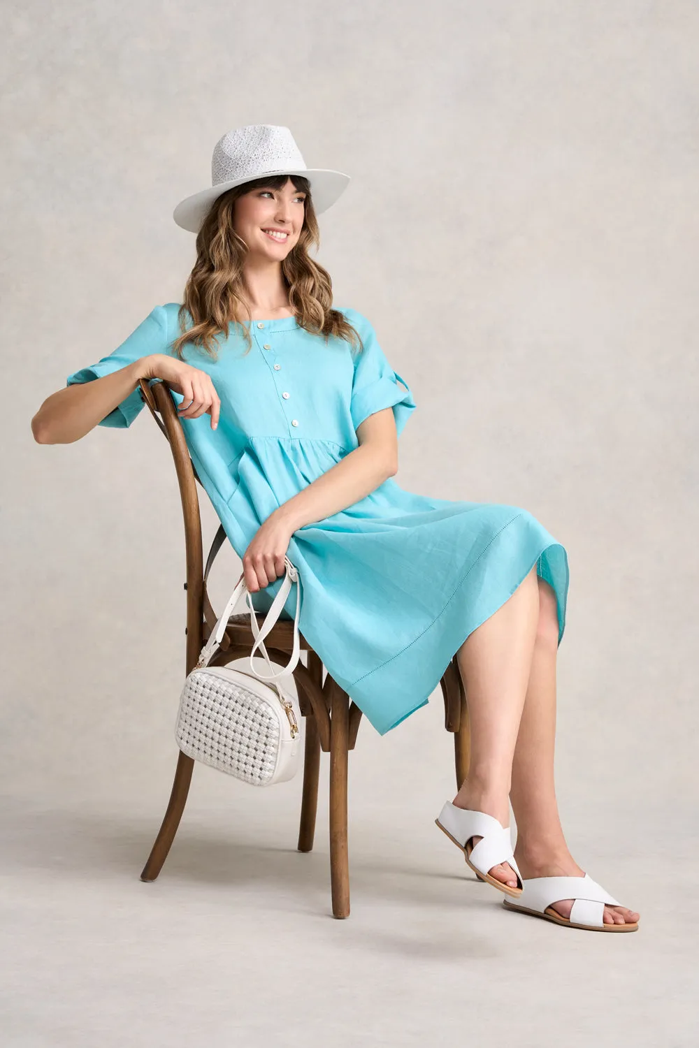 Button Detail Linen Dress - Blue Lake