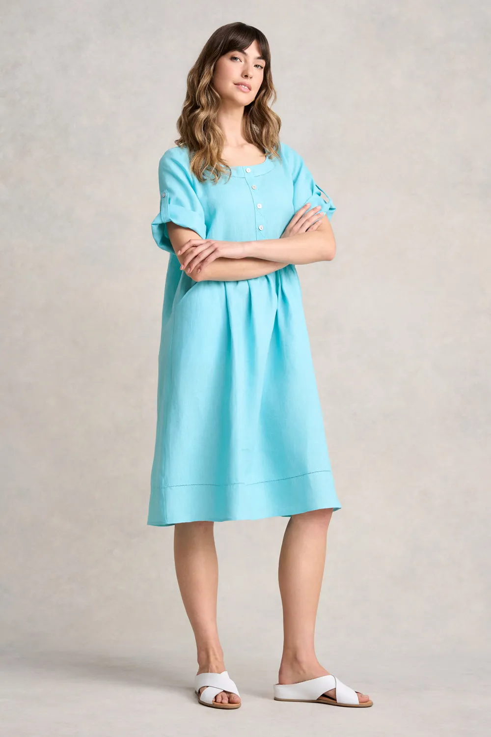 Button Detail Linen Dress - Blue Lake