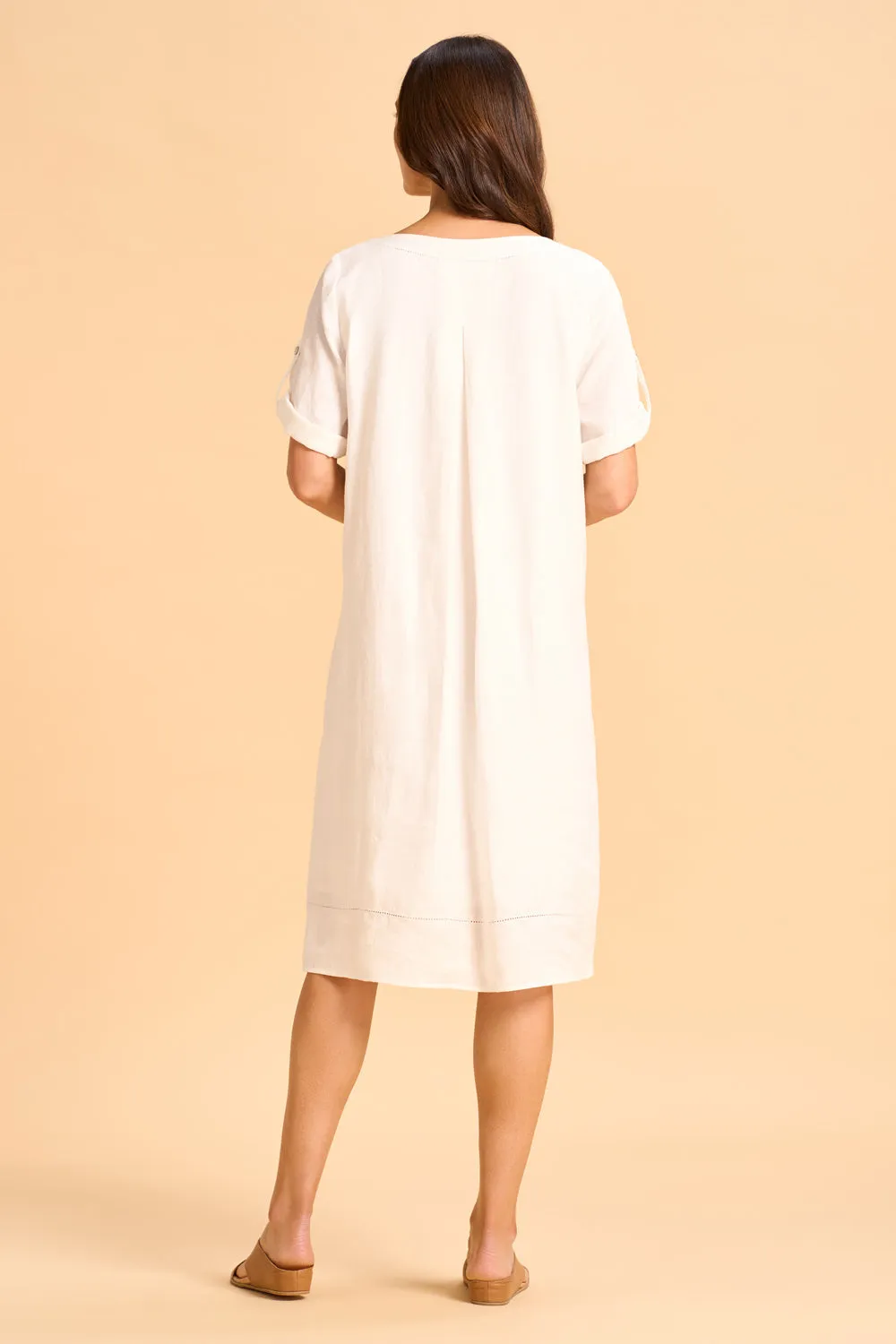 Button Detail Linen Dress - White