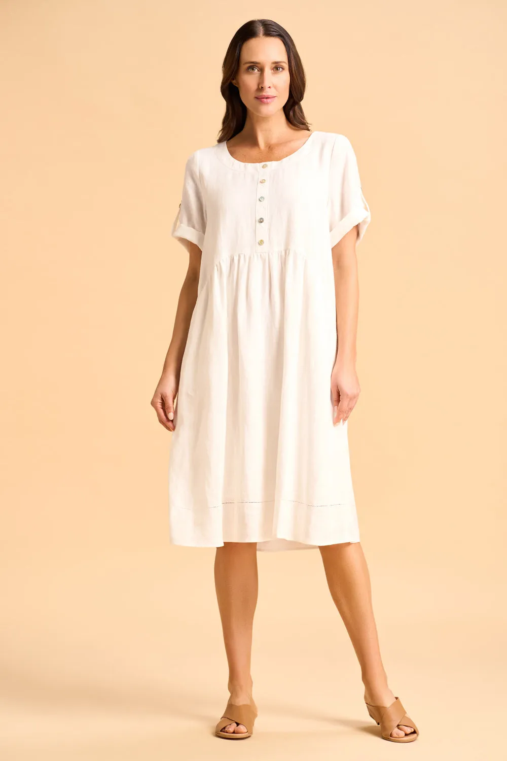 Button Detail Linen Dress - White