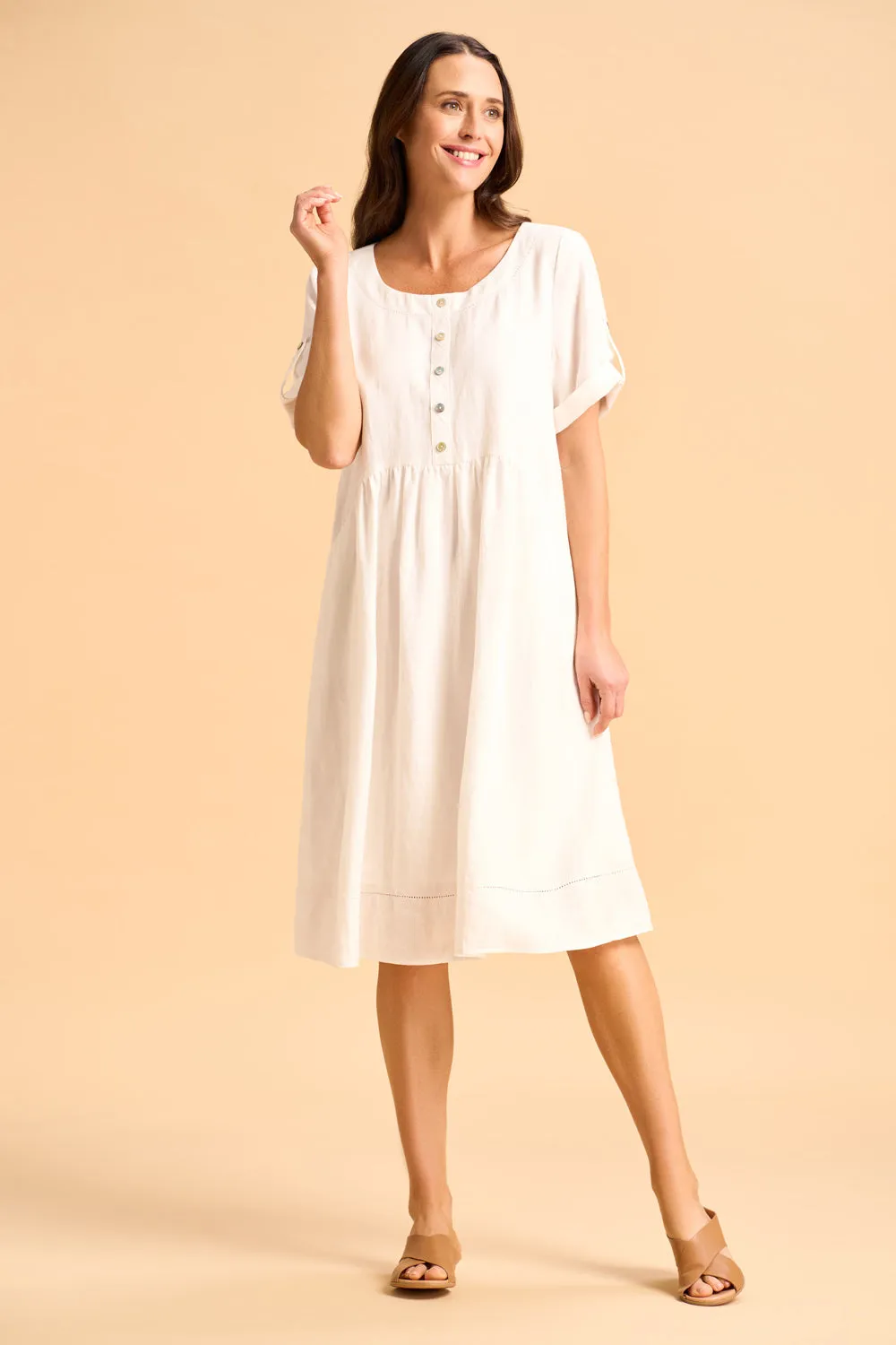 Button Detail Linen Dress - White