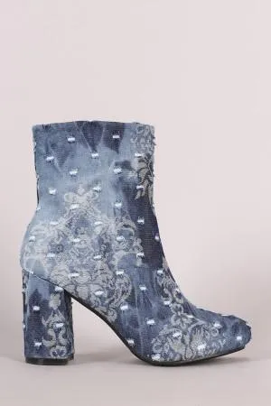 Distressed Denim Round Toe Chunky Heeled Booties