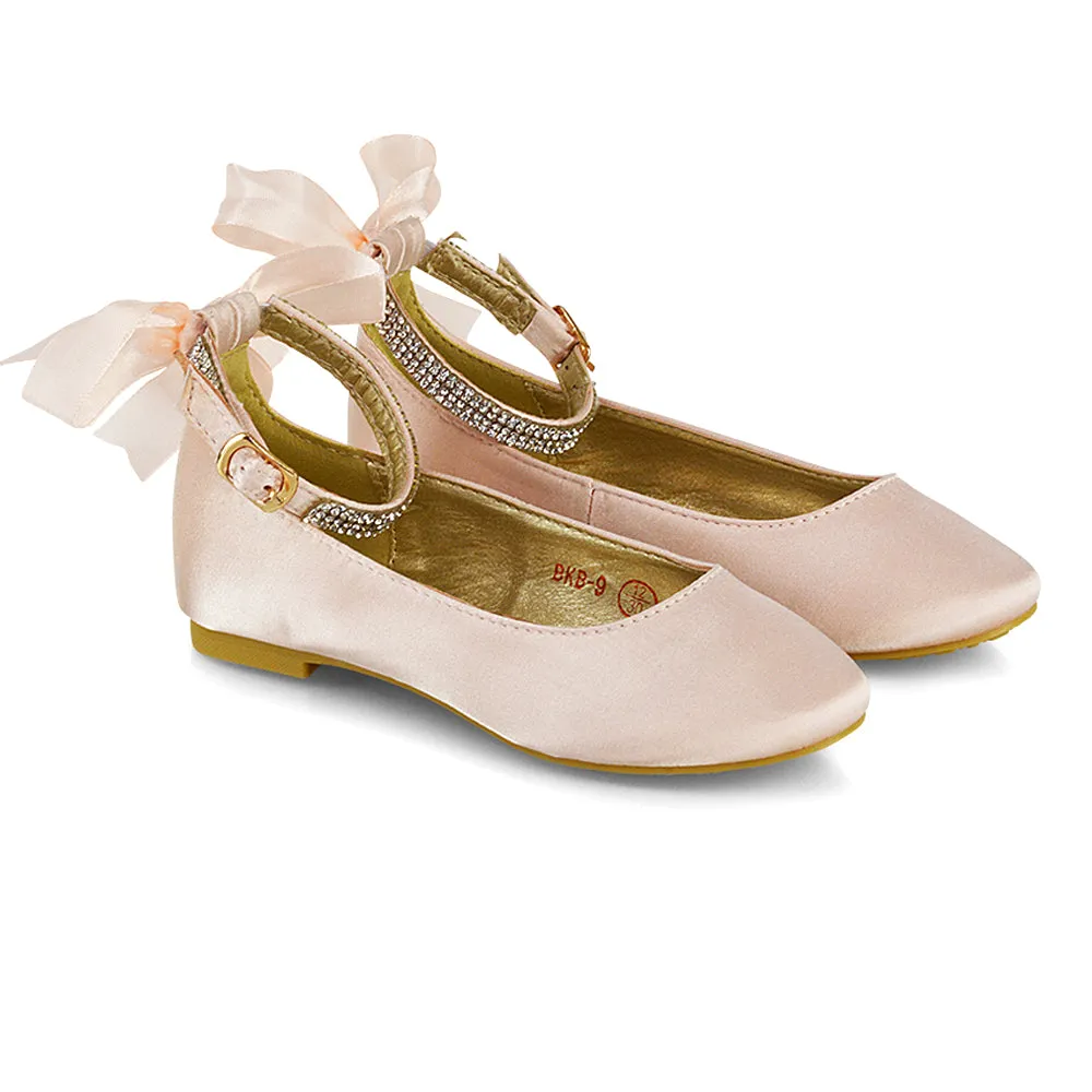 Fifi Bow Detail Embellished Sparkly Ankle Strap Diamante Flat Ballerina Pumps In Ivory Satin