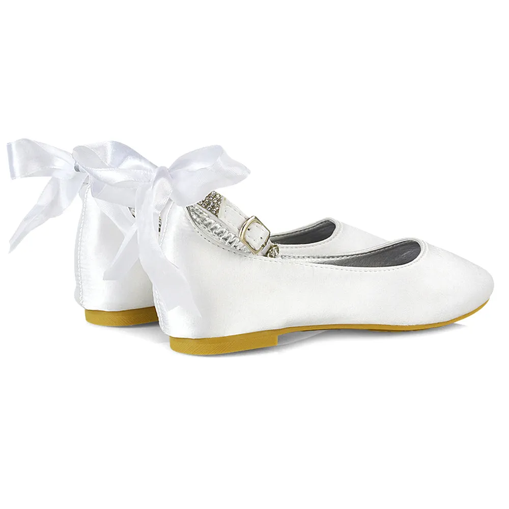 Fifi Bow Detail Embellished Sparkly Ankle Strap Diamante Flat Ballerina Pumps In Ivory Satin