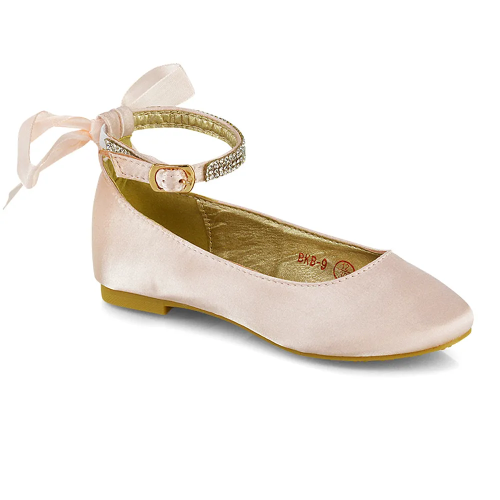 Fifi Bow Detail Embellished Sparkly Ankle Strap Diamante Flat Ballerina Pumps In Ivory Satin