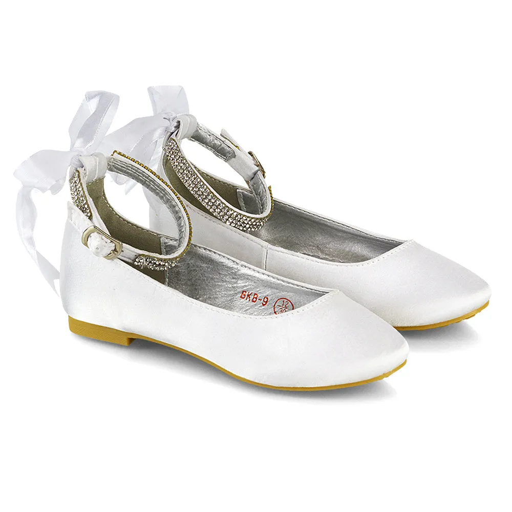 Fifi Bow Detail Embellished Sparkly Ankle Strap Diamante Flat Ballerina Pumps In Ivory Satin