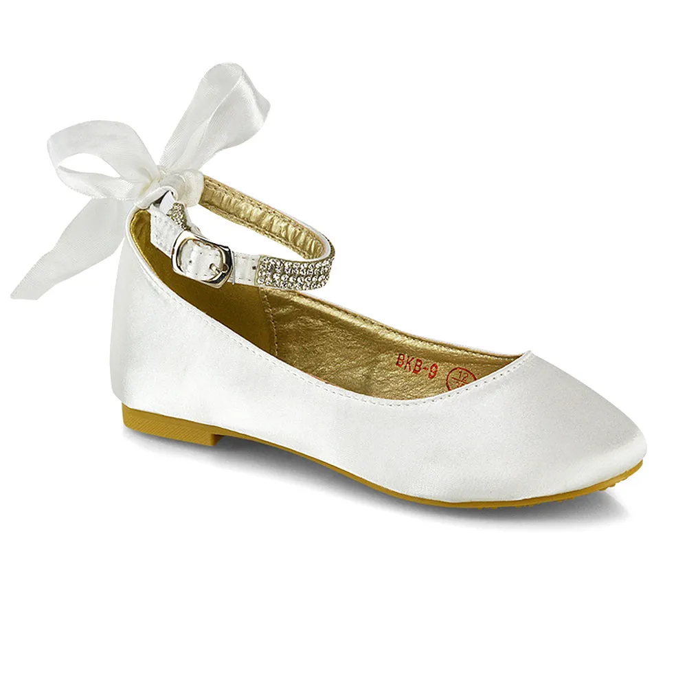 Fifi Bow Detail Embellished Sparkly Ankle Strap Diamante Flat Ballerina Pumps In Ivory Satin