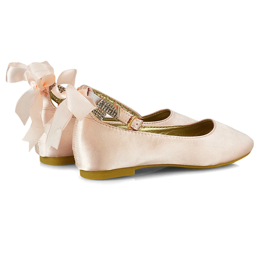 Fifi Bow Detail Embellished Sparkly Ankle Strap Diamante Flat Ballerina Pumps In Ivory Satin