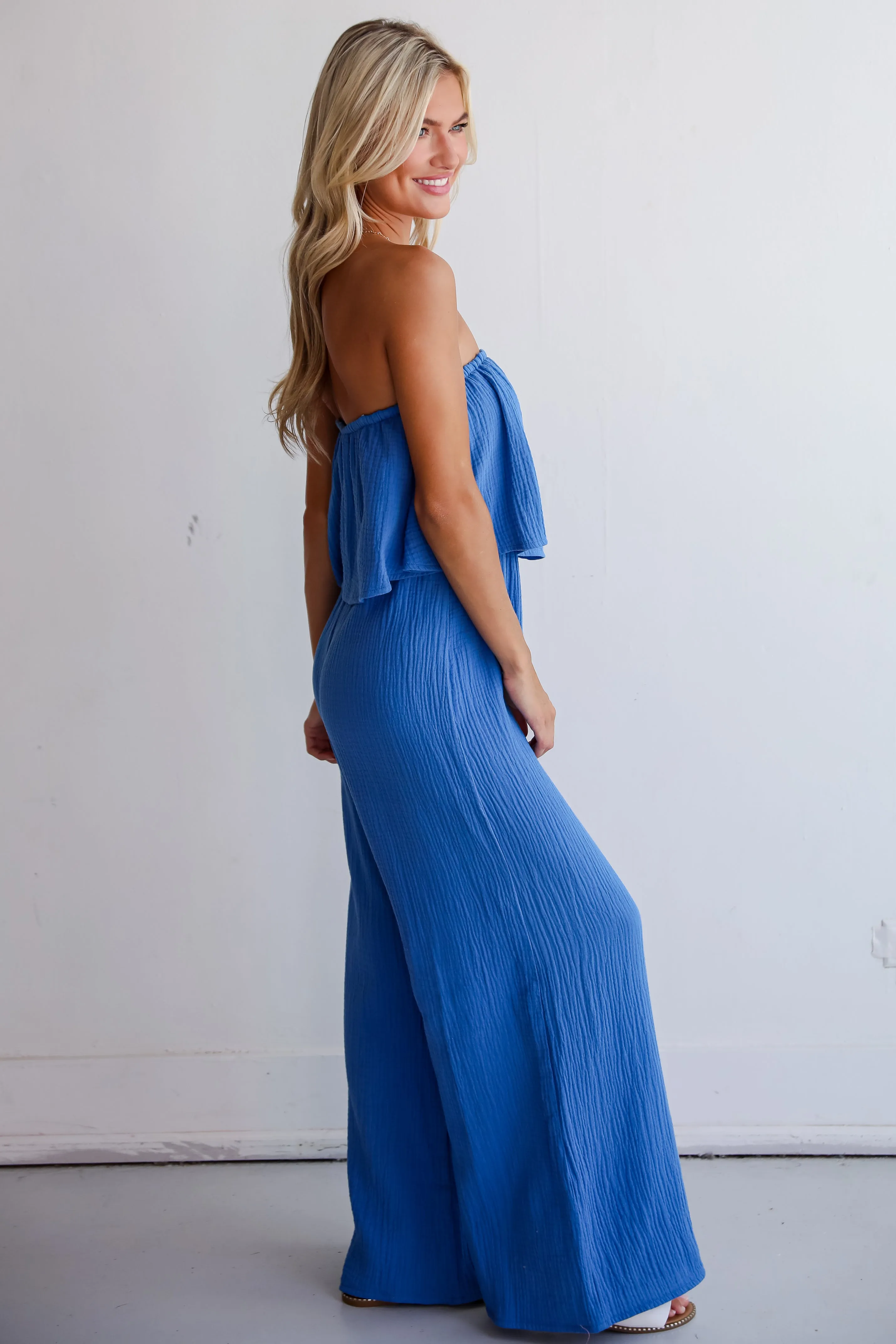 FINAL SALE - Celebrate In Style Blue Linen Strapless Jumpsuit