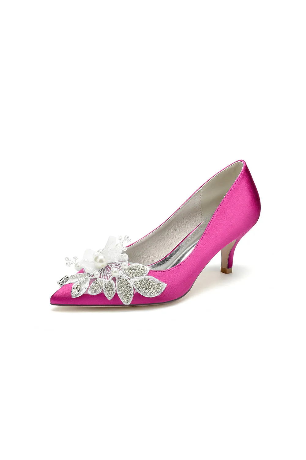 Floral Beading Pointed Toe Satin Kitten Heels