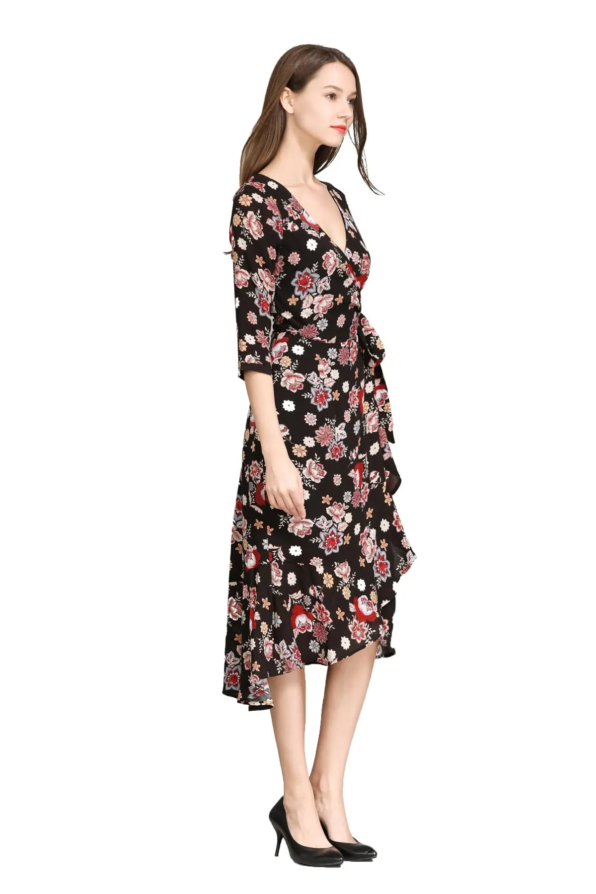 Fun Paisley Floral Garden Black Ruffle Wrap Dress