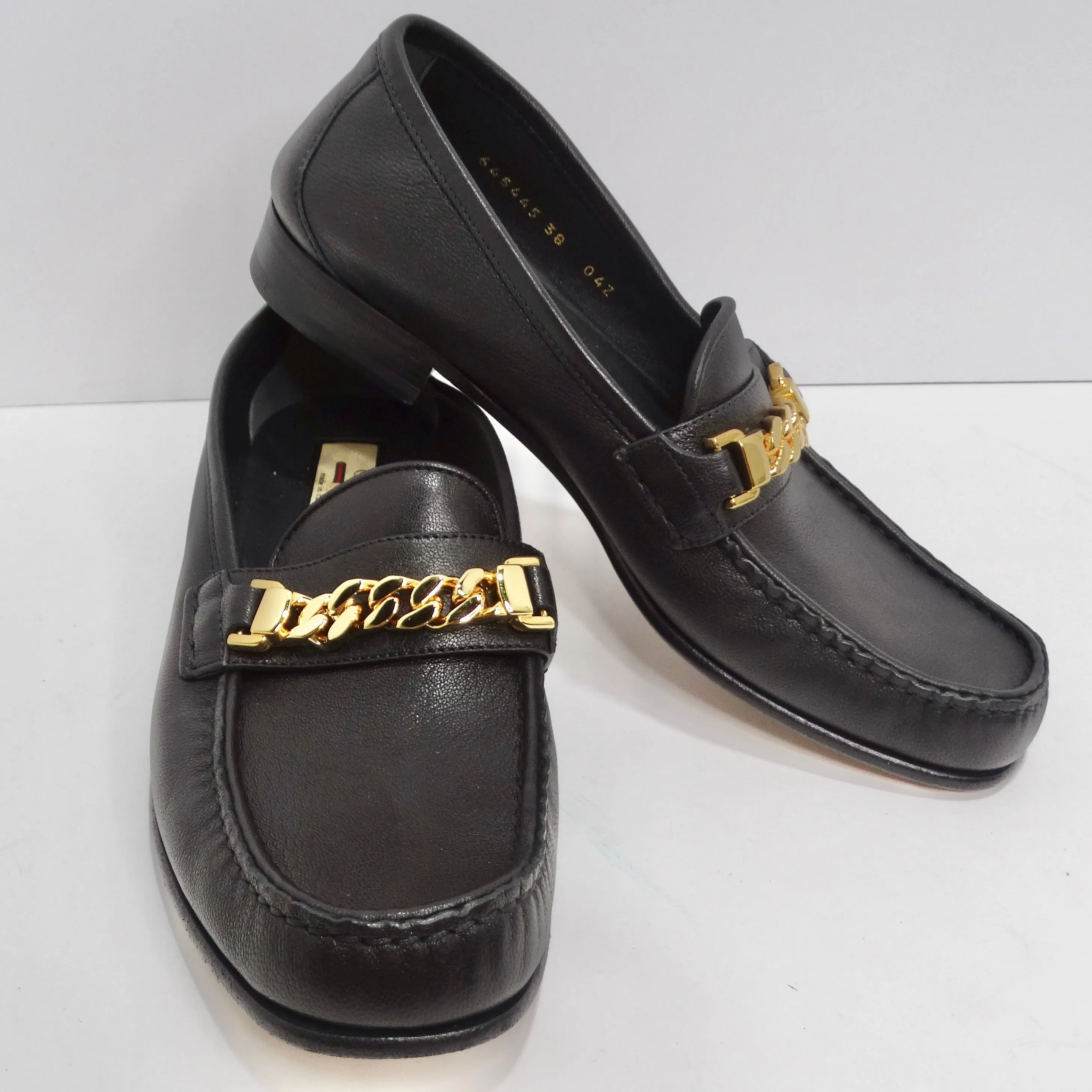 Gucci Sylvie Gold Tone Chain Loafers Black Leather