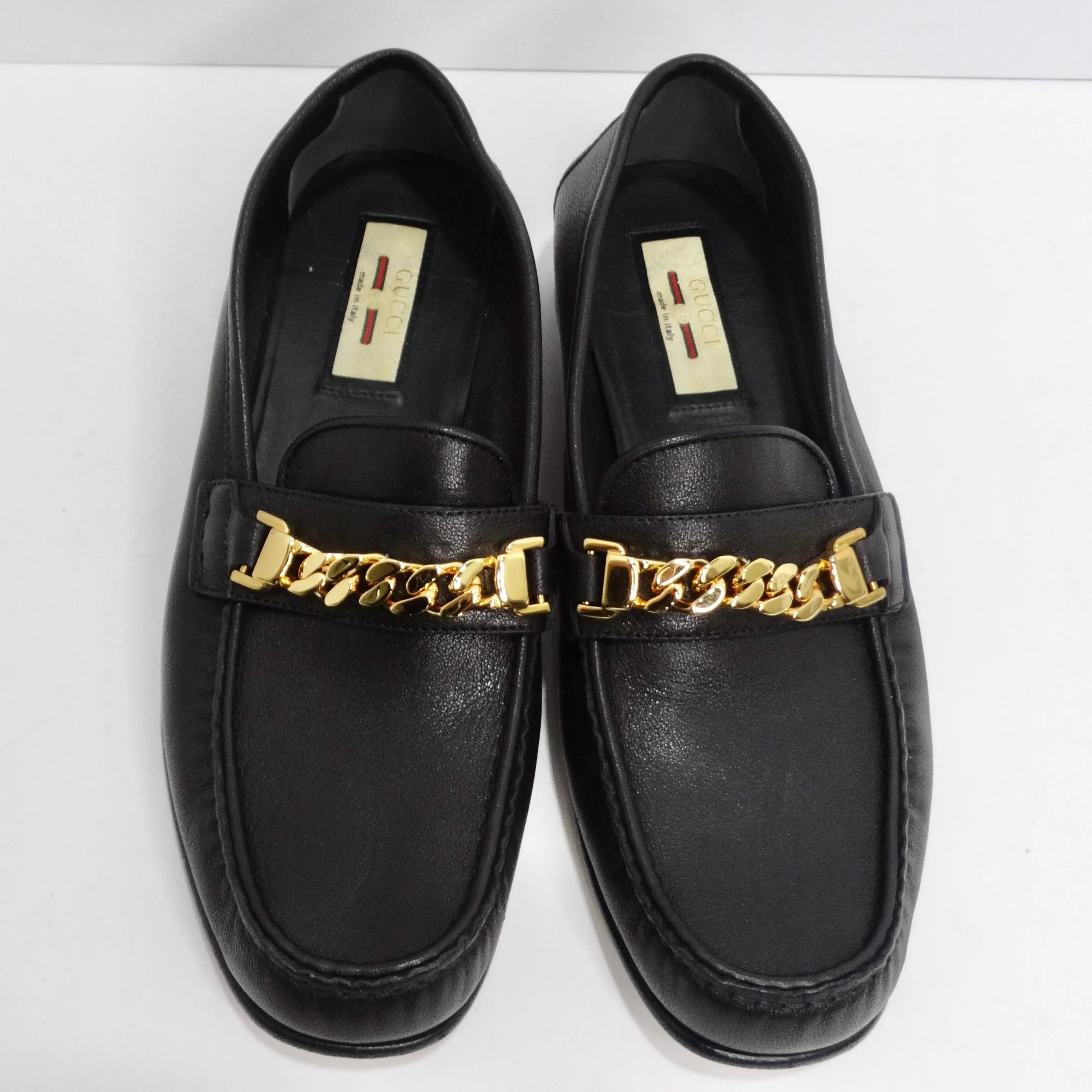 Gucci Sylvie Gold Tone Chain Loafers Black Leather