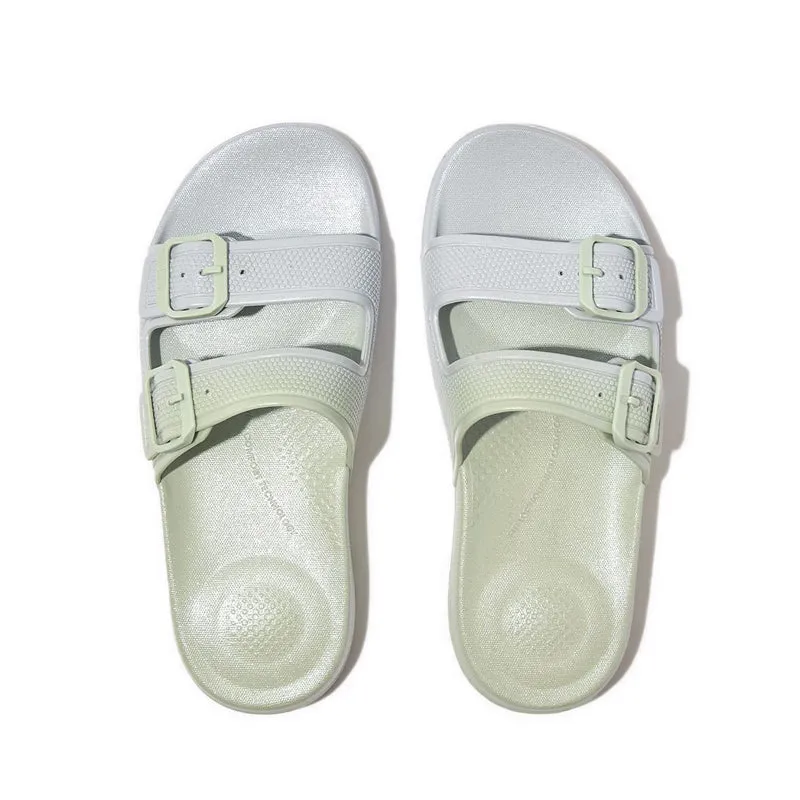 IQUSHION IRIDESCENT TWO-BAR BUCKLE SLIDES