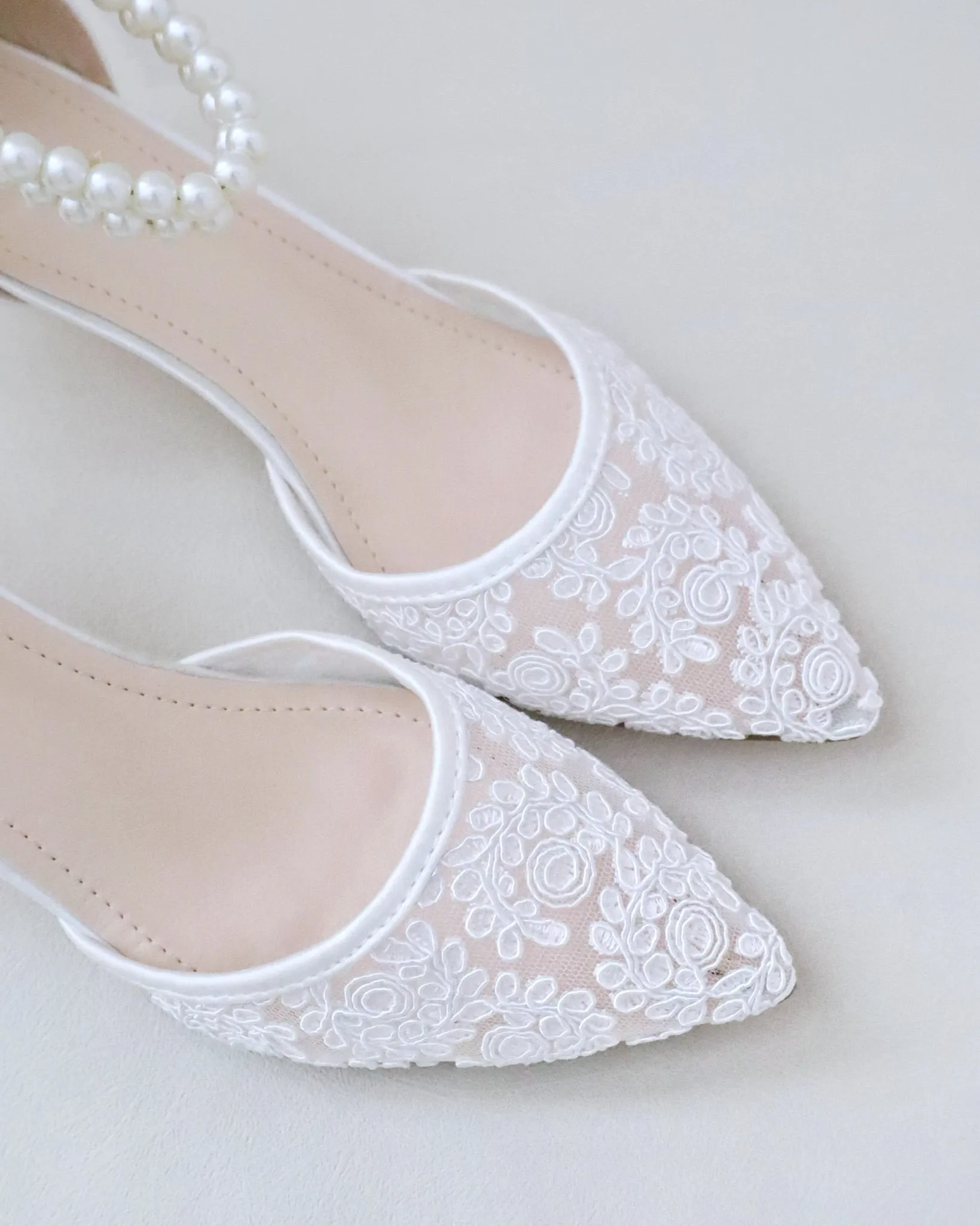 JOSKAA 2024 New Fashion High Heel Crochet Lace Pointy Toe Wedding Low Heels with Double Pearl Strap