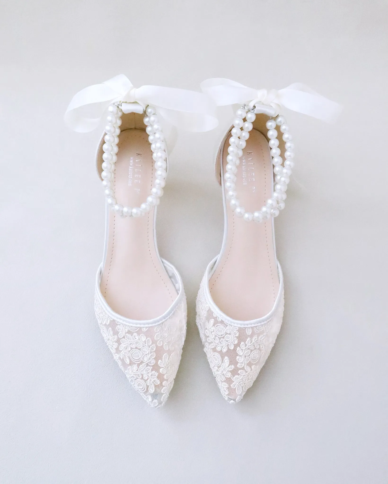 JOSKAA 2024 New Fashion High Heel Crochet Lace Pointy Toe Wedding Low Heels with Double Pearl Strap