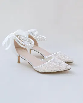 JOSKAA 2024 New Fashion High Heel Crochet Lace Pointy Toe Wedding Low Heels with Double Pearl Strap