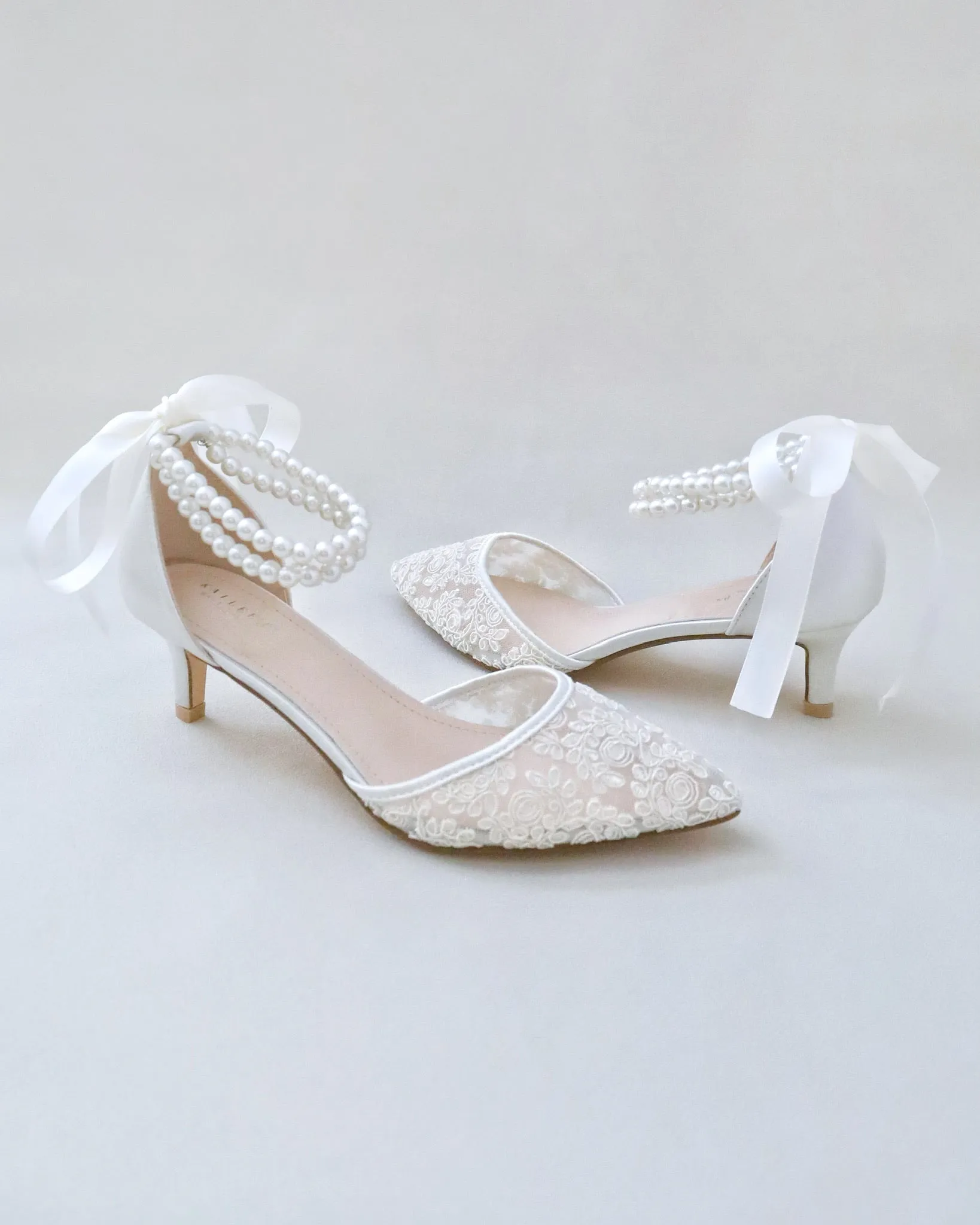 JOSKAA 2024 New Fashion High Heel Crochet Lace Pointy Toe Wedding Low Heels with Double Pearl Strap