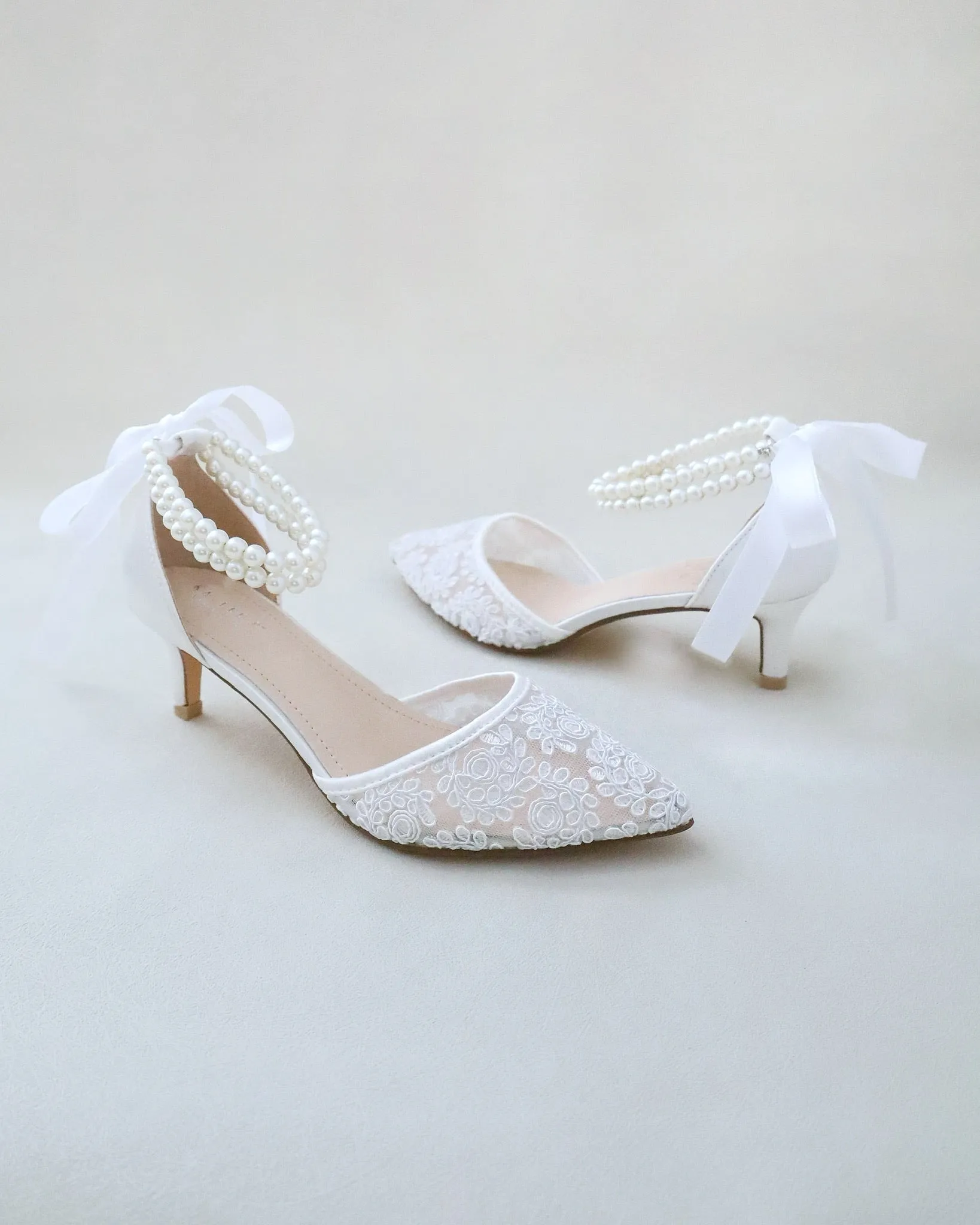 JOSKAA 2024 New Fashion High Heel Crochet Lace Pointy Toe Wedding Low Heels with Double Pearl Strap