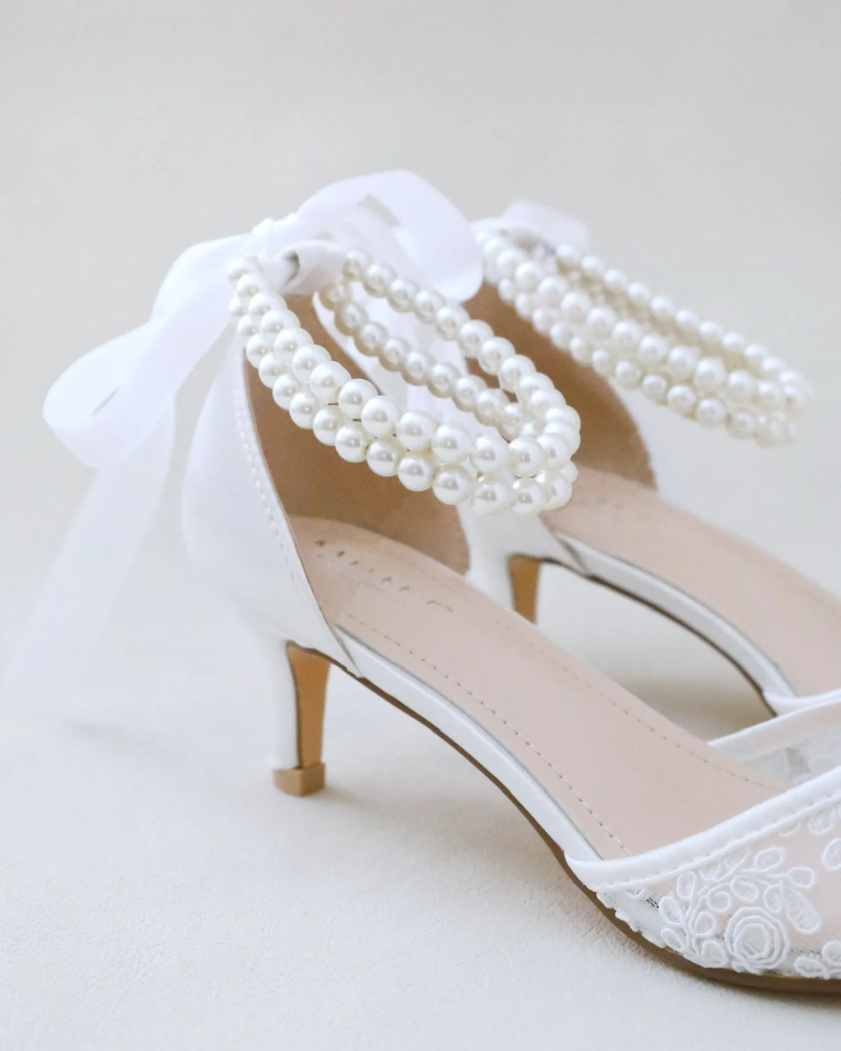 JOSKAA 2024 New Fashion High Heel Crochet Lace Pointy Toe Wedding Low Heels with Double Pearl Strap