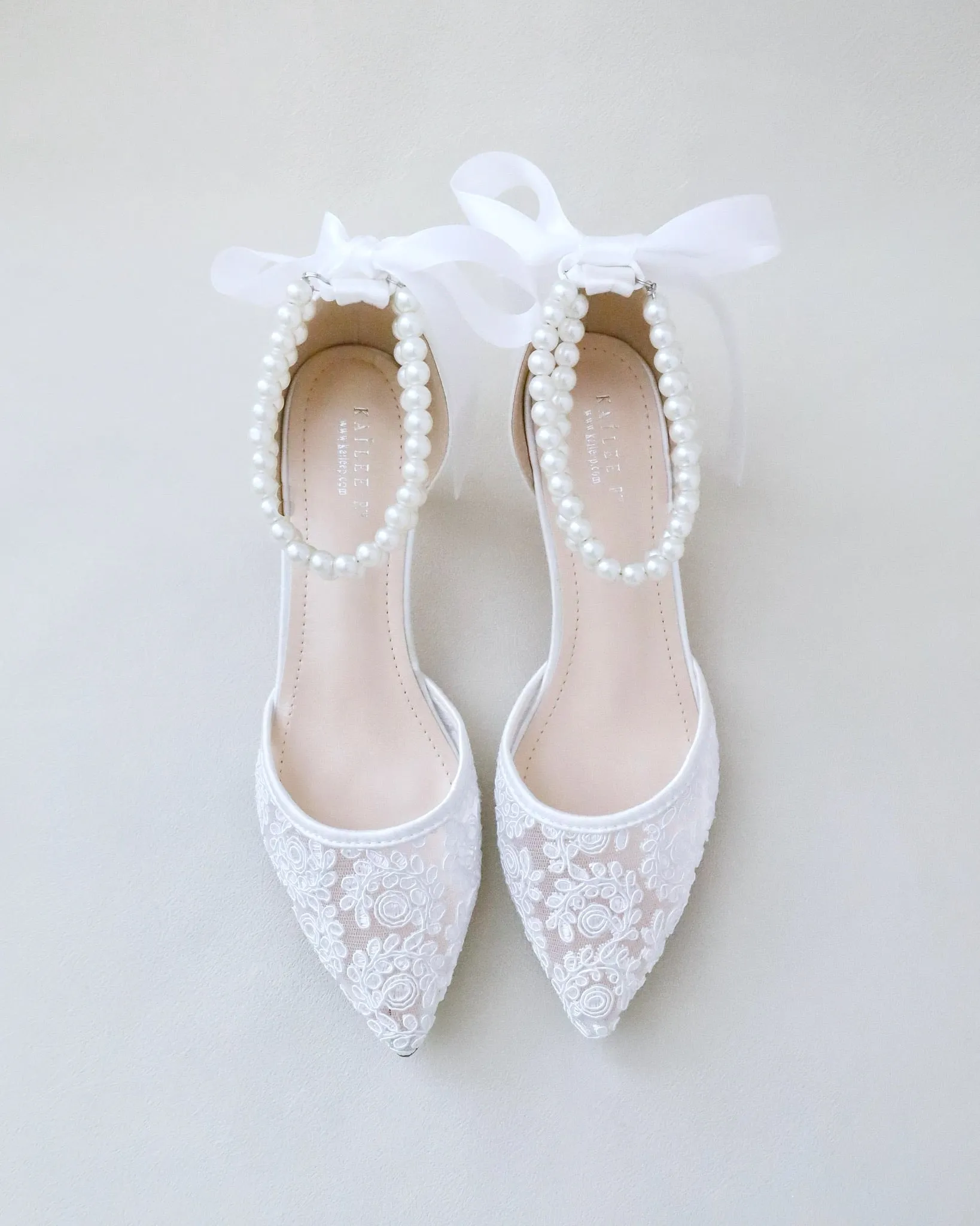 JOSKAA 2024 New Fashion High Heel Crochet Lace Pointy Toe Wedding Low Heels with Double Pearl Strap