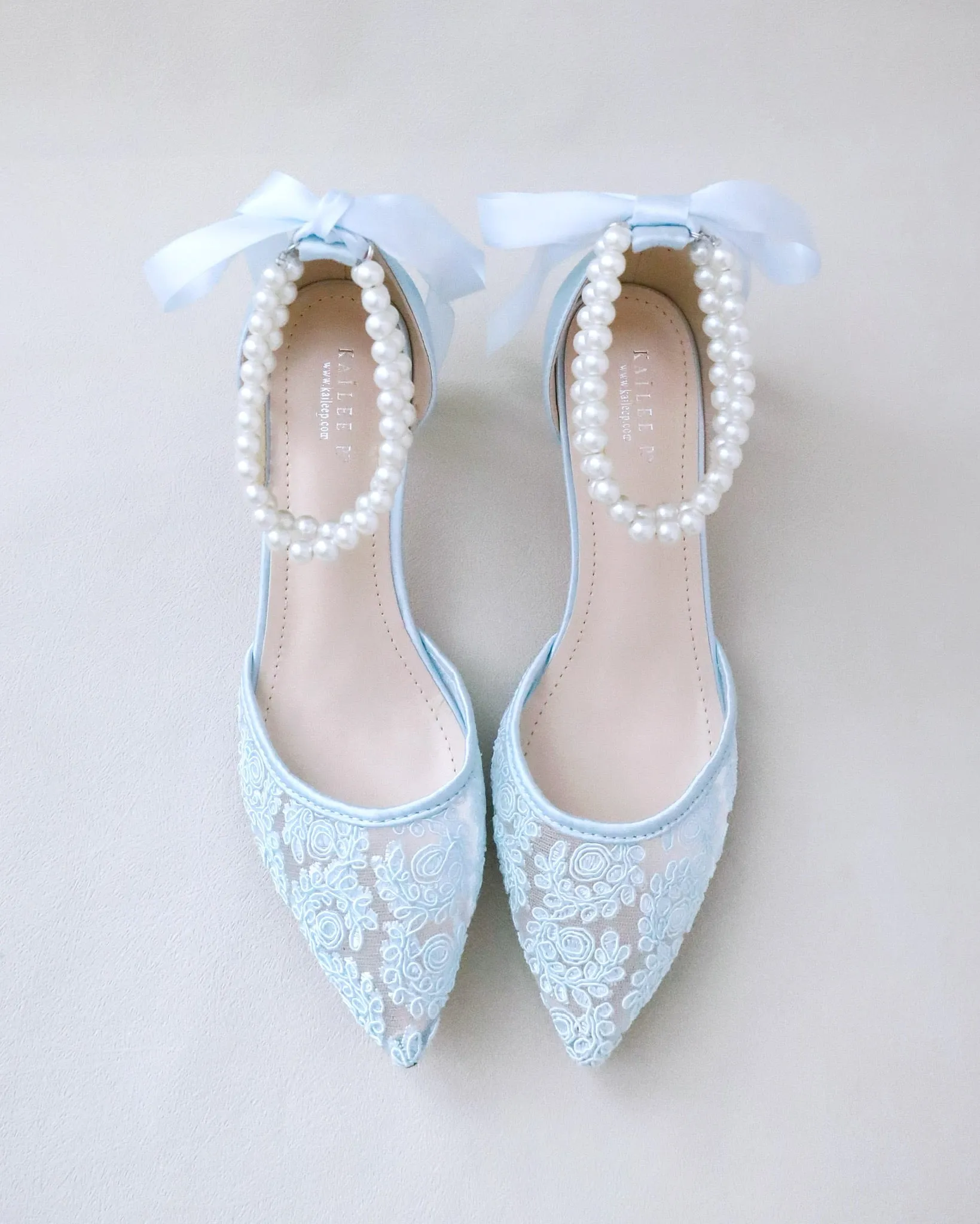 JOSKAA 2024 New Fashion High Heel Crochet Lace Pointy Toe Wedding Low Heels with Double Pearl Strap