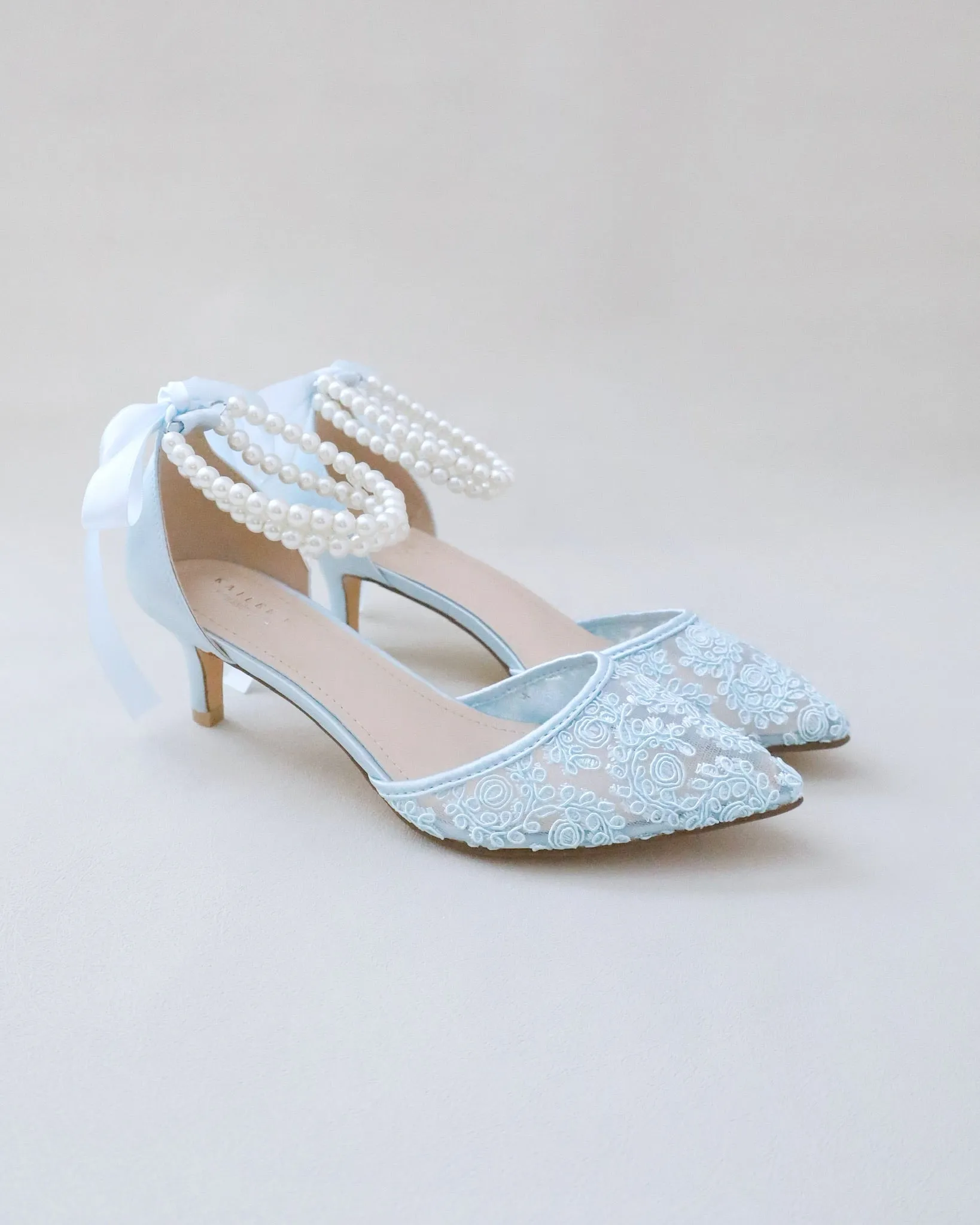 JOSKAA 2024 New Fashion High Heel Crochet Lace Pointy Toe Wedding Low Heels with Double Pearl Strap