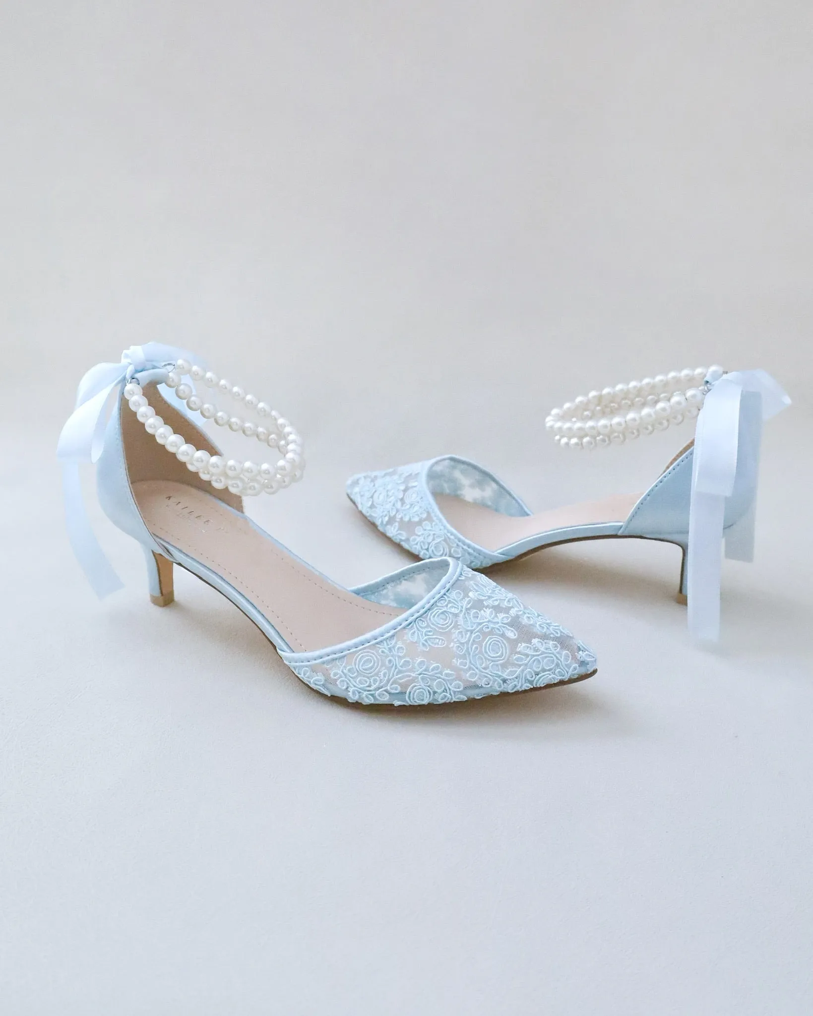 JOSKAA 2024 New Fashion High Heel Crochet Lace Pointy Toe Wedding Low Heels with Double Pearl Strap