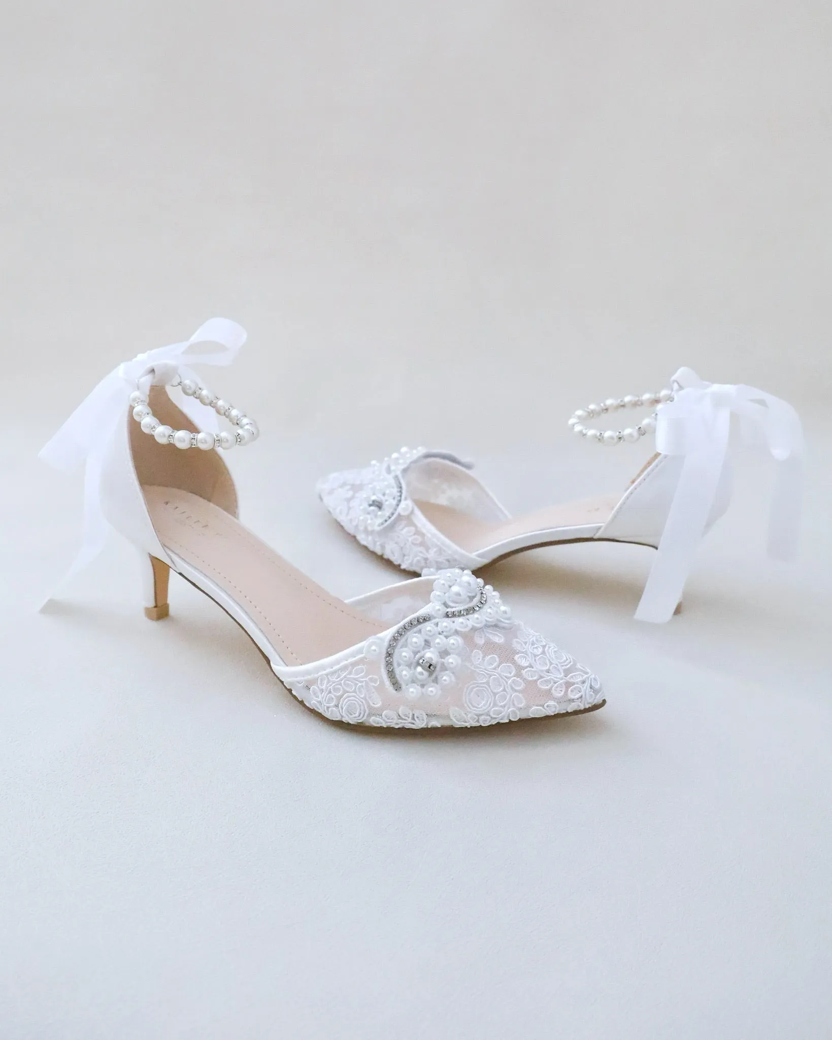 JOSKAA 2024 New Fashion High Heel Crochet Lace Pointy Toe Wedding Low Heels with Pearls Applique