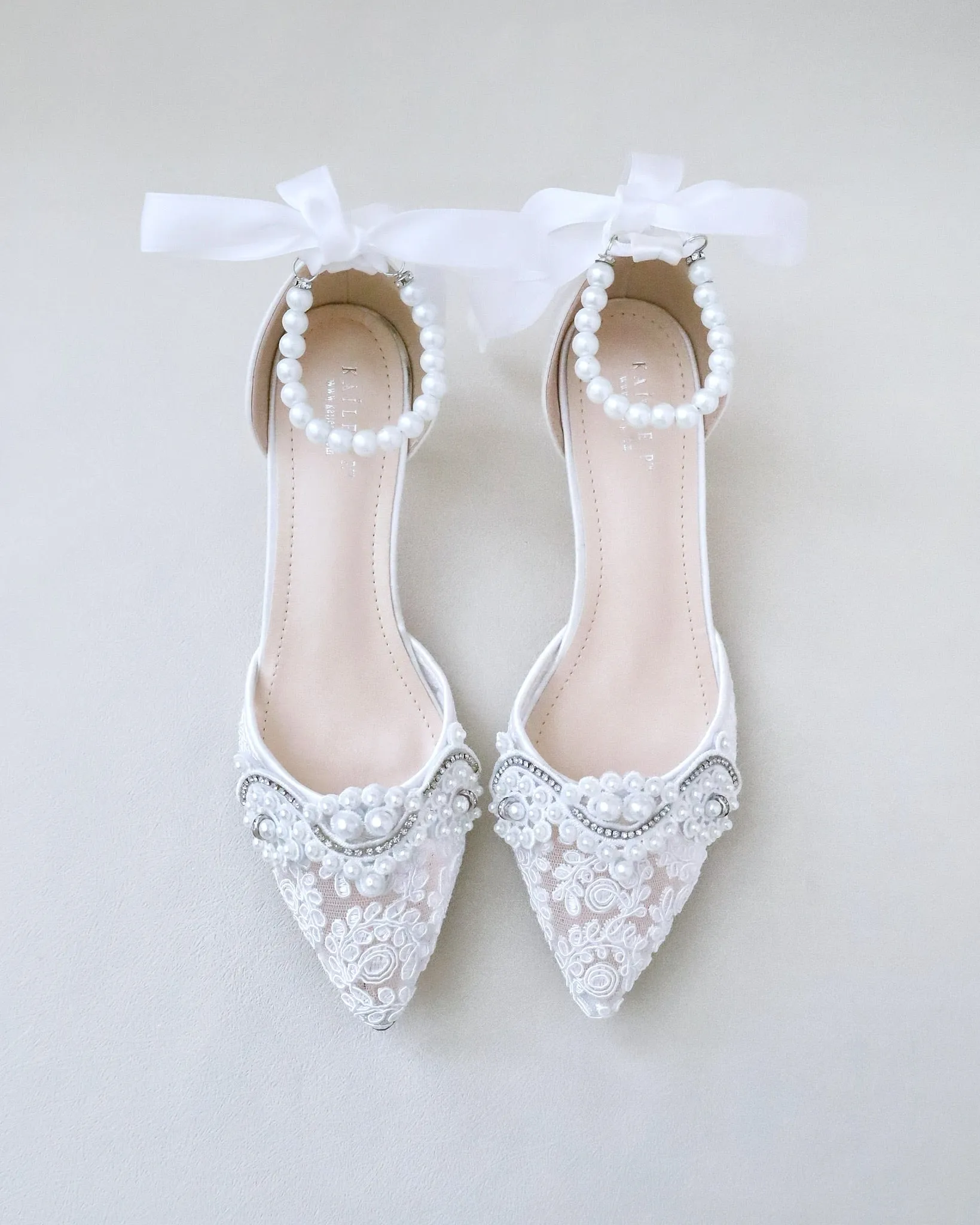 JOSKAA 2024 New Fashion High Heel Crochet Lace Pointy Toe Wedding Low Heels with Pearls Applique