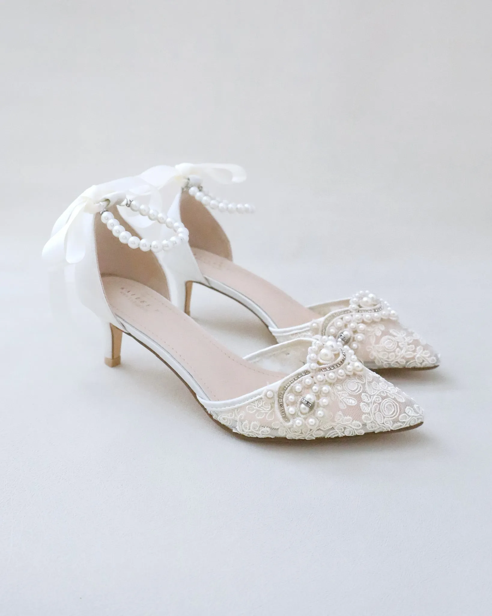 JOSKAA 2024 New Fashion High Heel Crochet Lace Pointy Toe Wedding Low Heels with Pearls Applique