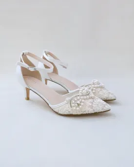 JOSKAA 2024 New Fashion High Heel Crochet Lace Pointy Toe Wedding Low Heels with Pearls Applique