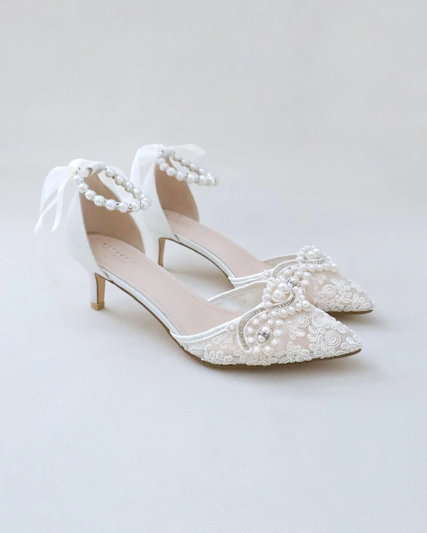 JOSKAA 2024 New Fashion High Heel Crochet Lace Pointy Toe Wedding Low Heels with Pearls Applique