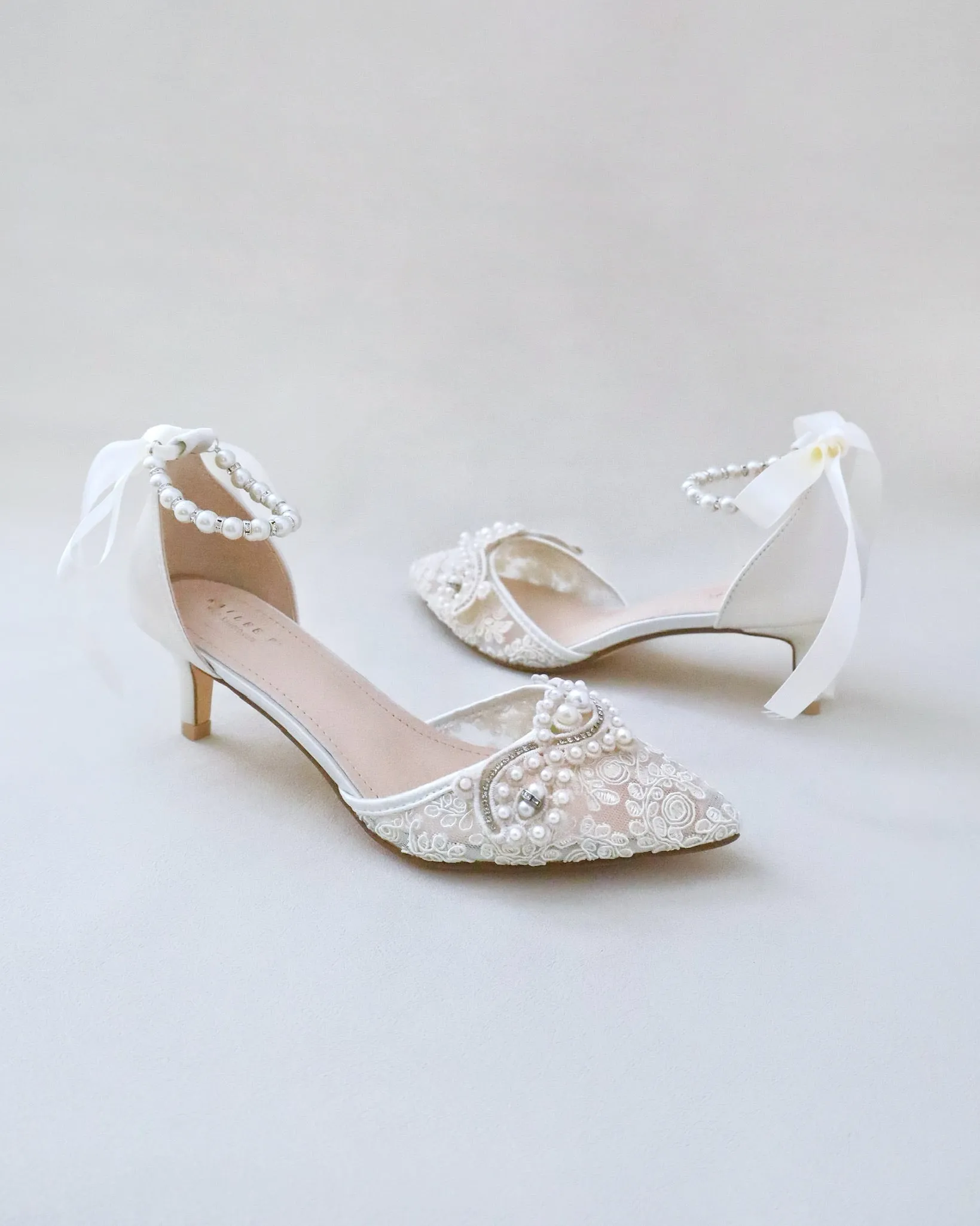 JOSKAA 2024 New Fashion High Heel Crochet Lace Pointy Toe Wedding Low Heels with Pearls Applique