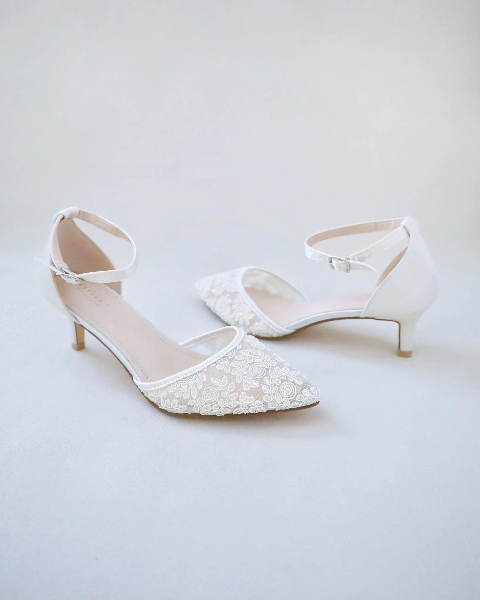 JOSKAA 2024 New Fashion High Heel Crochet Lace Pointy Toe Wedding Low Heels