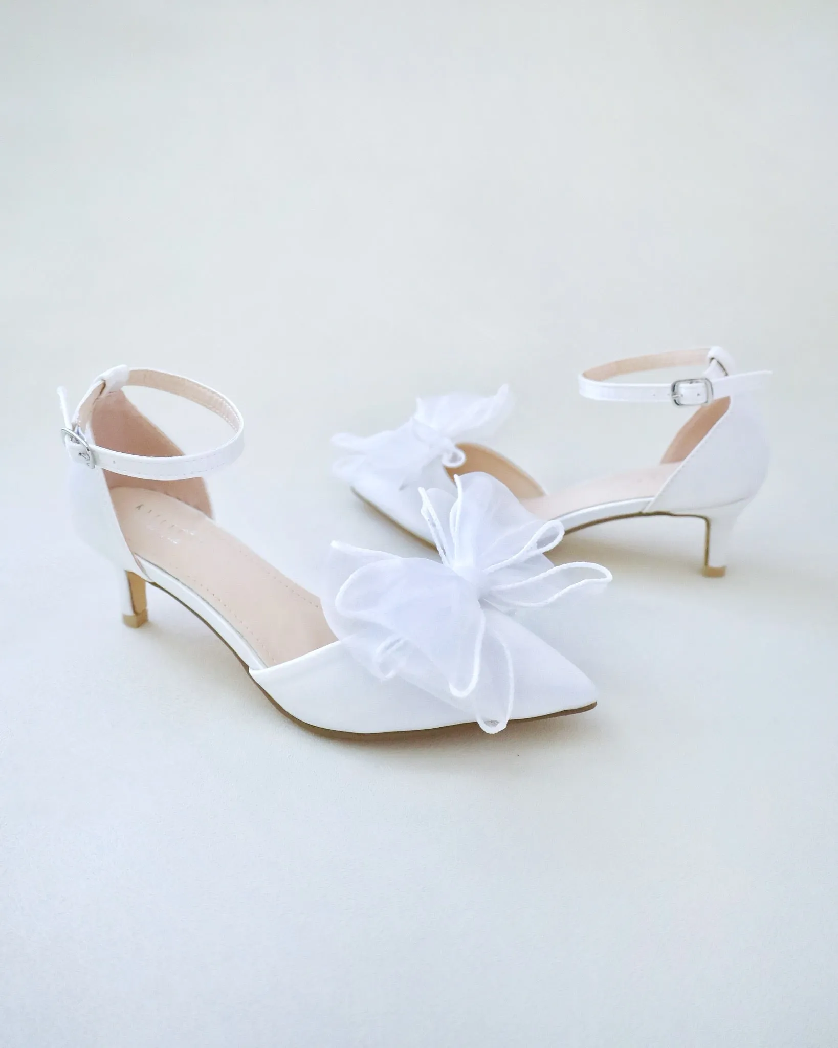 JOSKAA 2024 New Fashion High Heel Satin Pointy Toe Wedding Low Heels with Organza Bow