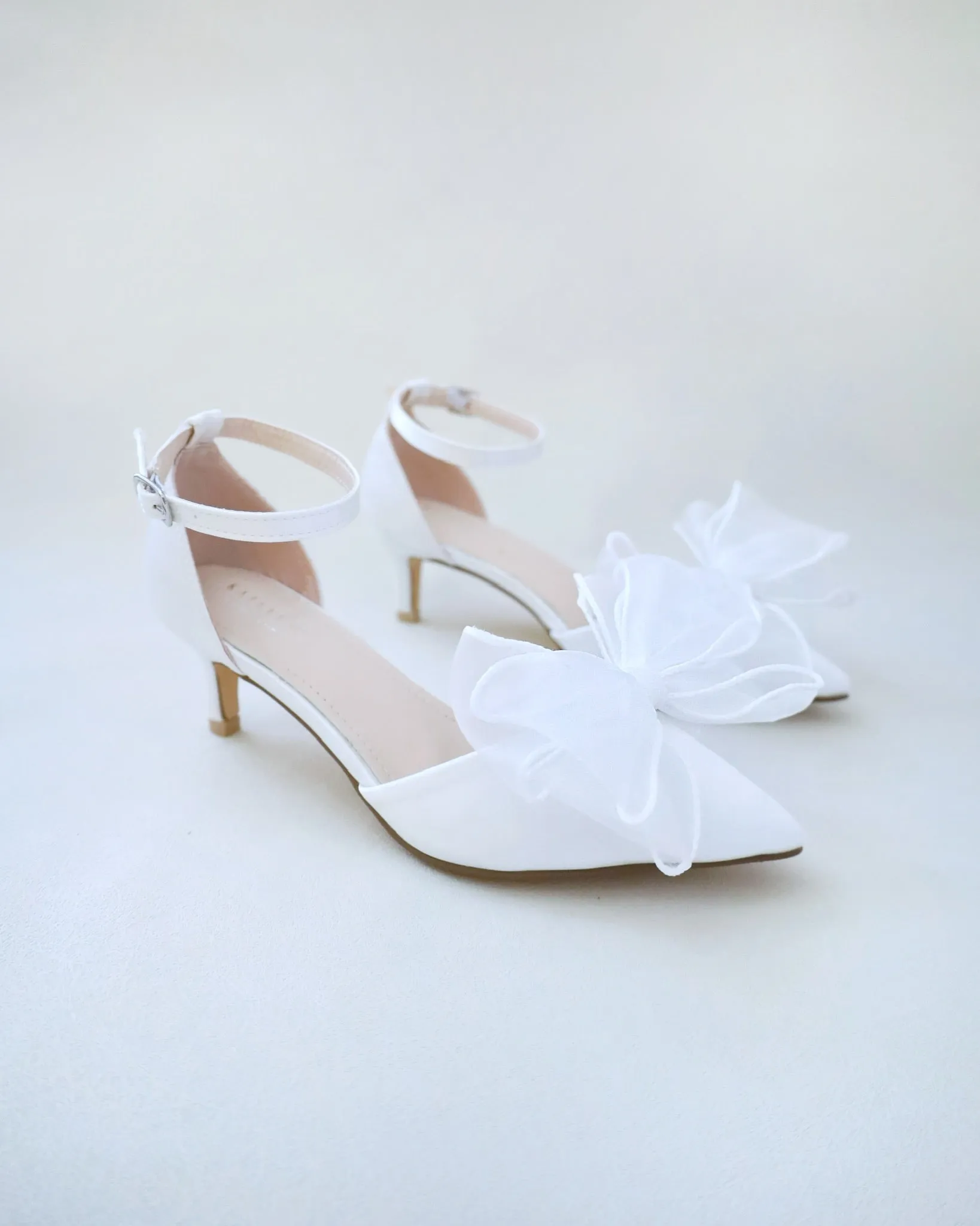 JOSKAA 2024 New Fashion High Heel Satin Pointy Toe Wedding Low Heels with Organza Bow