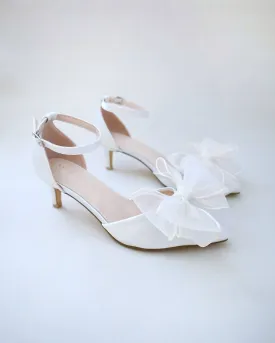 JOSKAA 2024 New Fashion High Heel Satin Pointy Toe Wedding Low Heels with Organza Bow