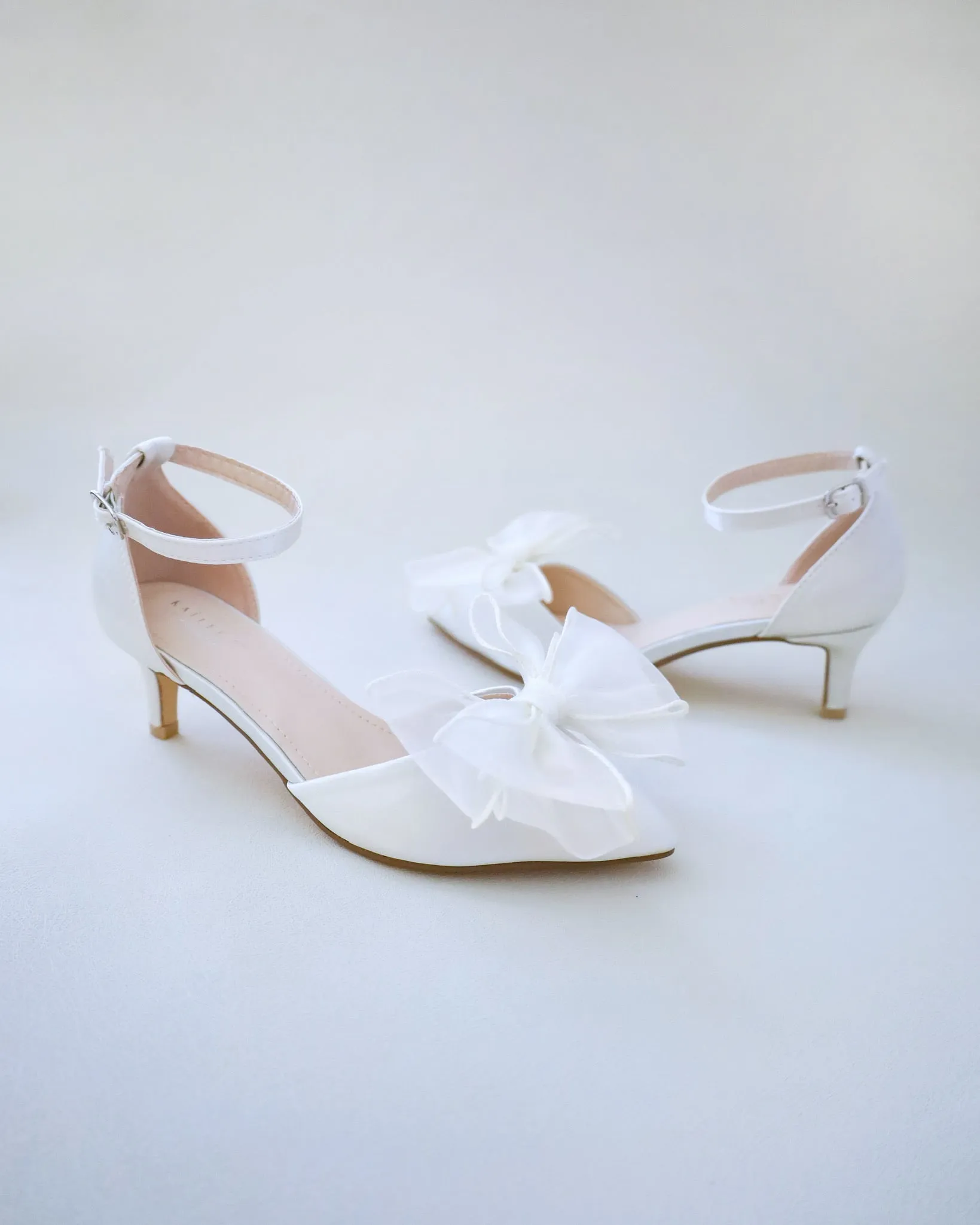 JOSKAA 2024 New Fashion High Heel Satin Pointy Toe Wedding Low Heels with Organza Bow