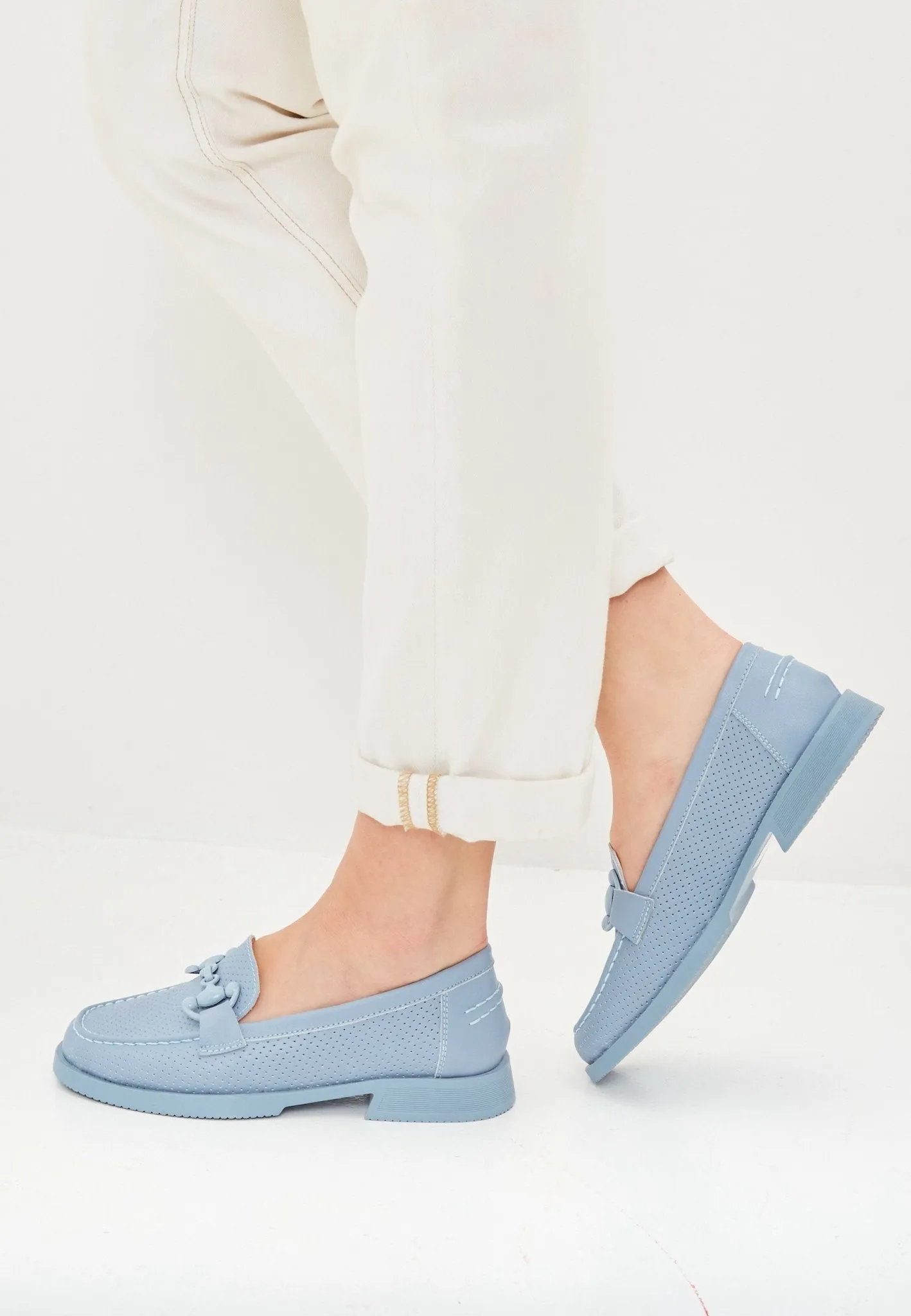 Leather Block Heels Loafers - Blue