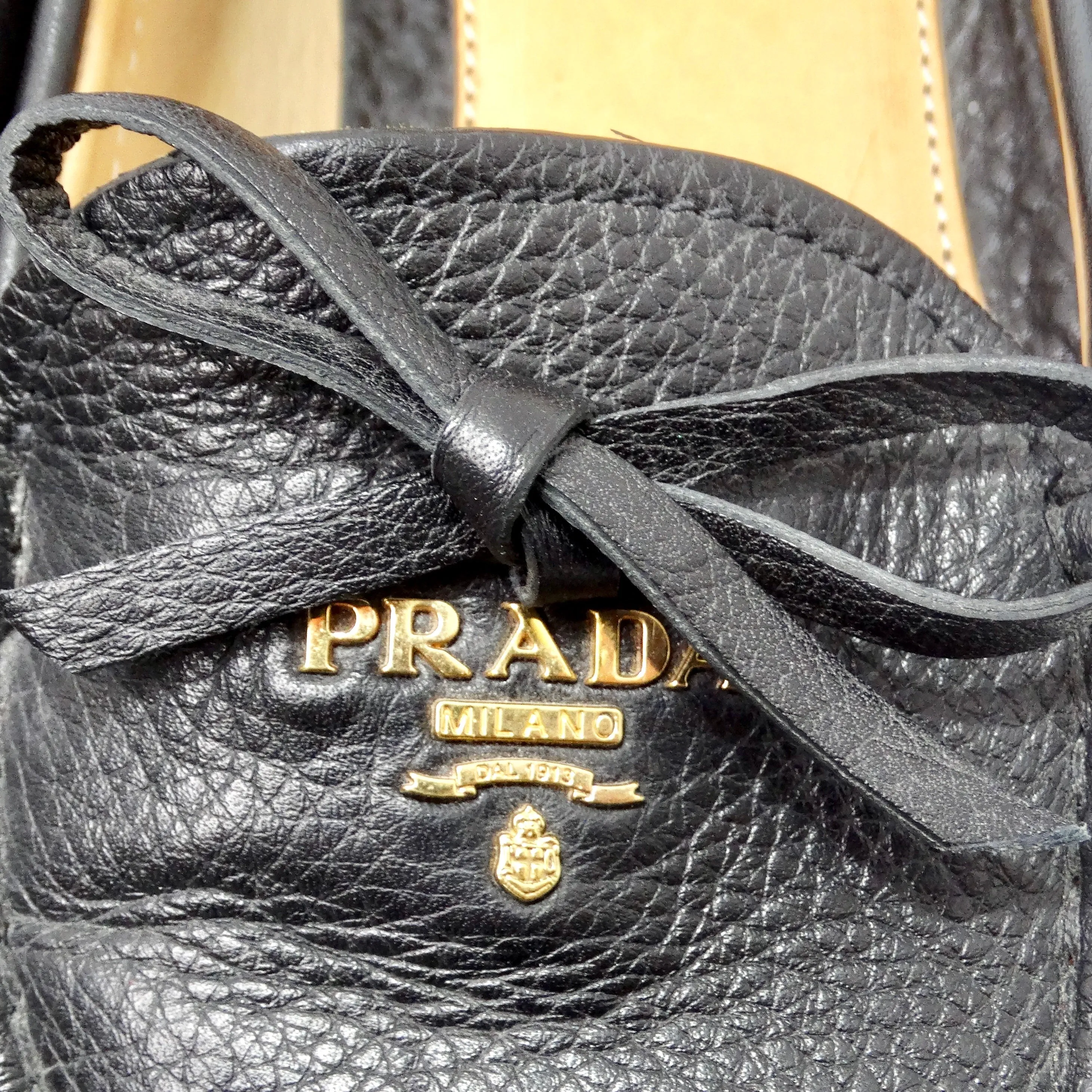 Prada Black Leather Bow Accent Slip On Loafers