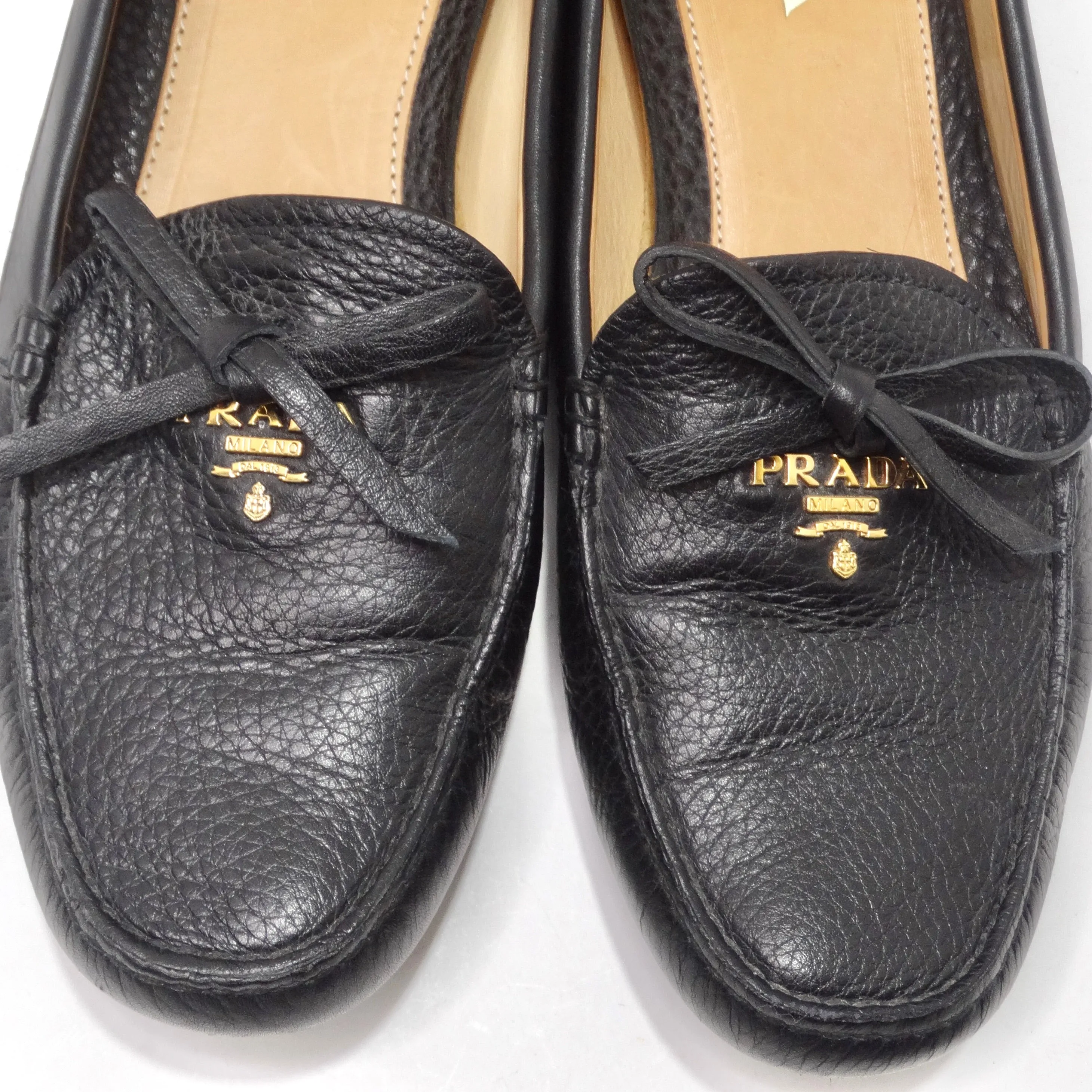 Prada Black Leather Bow Accent Slip On Loafers