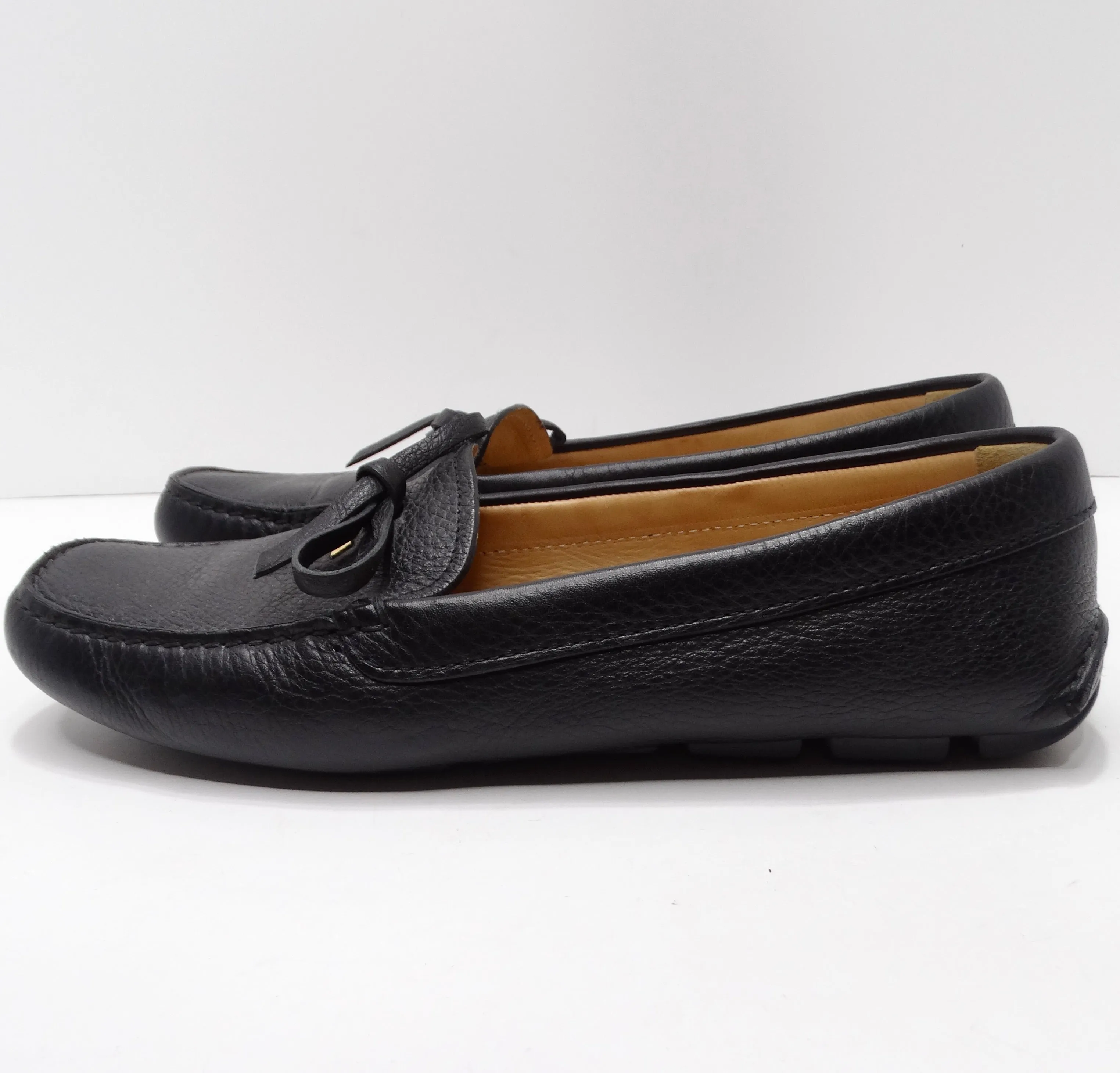 Prada Black Leather Bow Accent Slip On Loafers