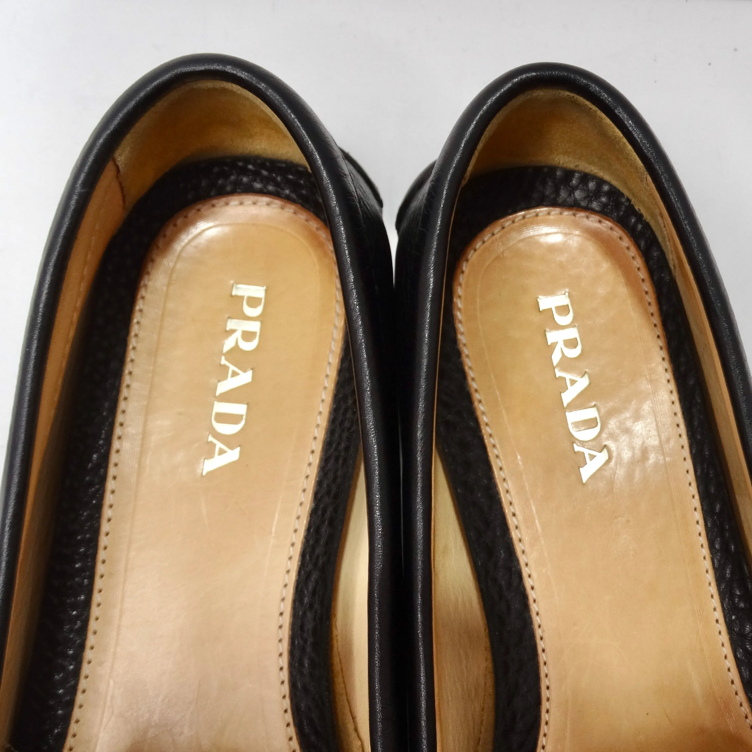 Prada Black Leather Bow Accent Slip On Loafers